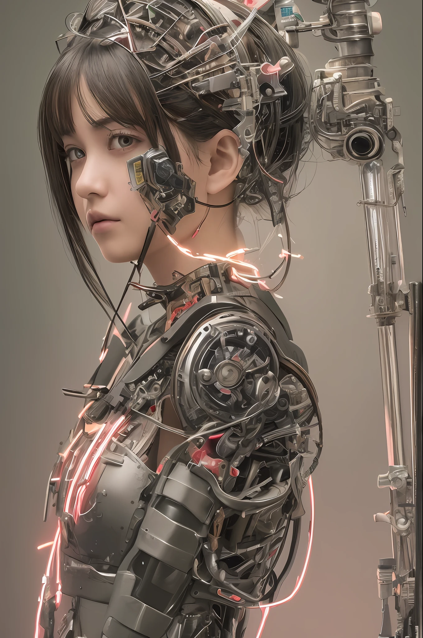 Top Quality, Masterpiece, Ultra High Resolution, (Photorealistic: 1.4), Raw Photo, 1 cyberpunk Girl, Black Hair, Glossy Skin, 1 Mechanical Girl, (Ultra Realistic Detail)), Full body, Global Illumination, Contrast, Shadows, Octane Rendering, 8K, Ultra Sharp, Cleavage Exposed, Raw Skin, Metal, Intricate Ornament Details, Japan Details, Very intricate details, realistic light, CGSoation trend, facing the camera, neon details, mechanical limbs, blood vessels connected to the tube, mechanical vertebrae attached to the back, mechanical cervical attachment to the neck, wires and cables connecting to the head, gundam, small LED lamps.