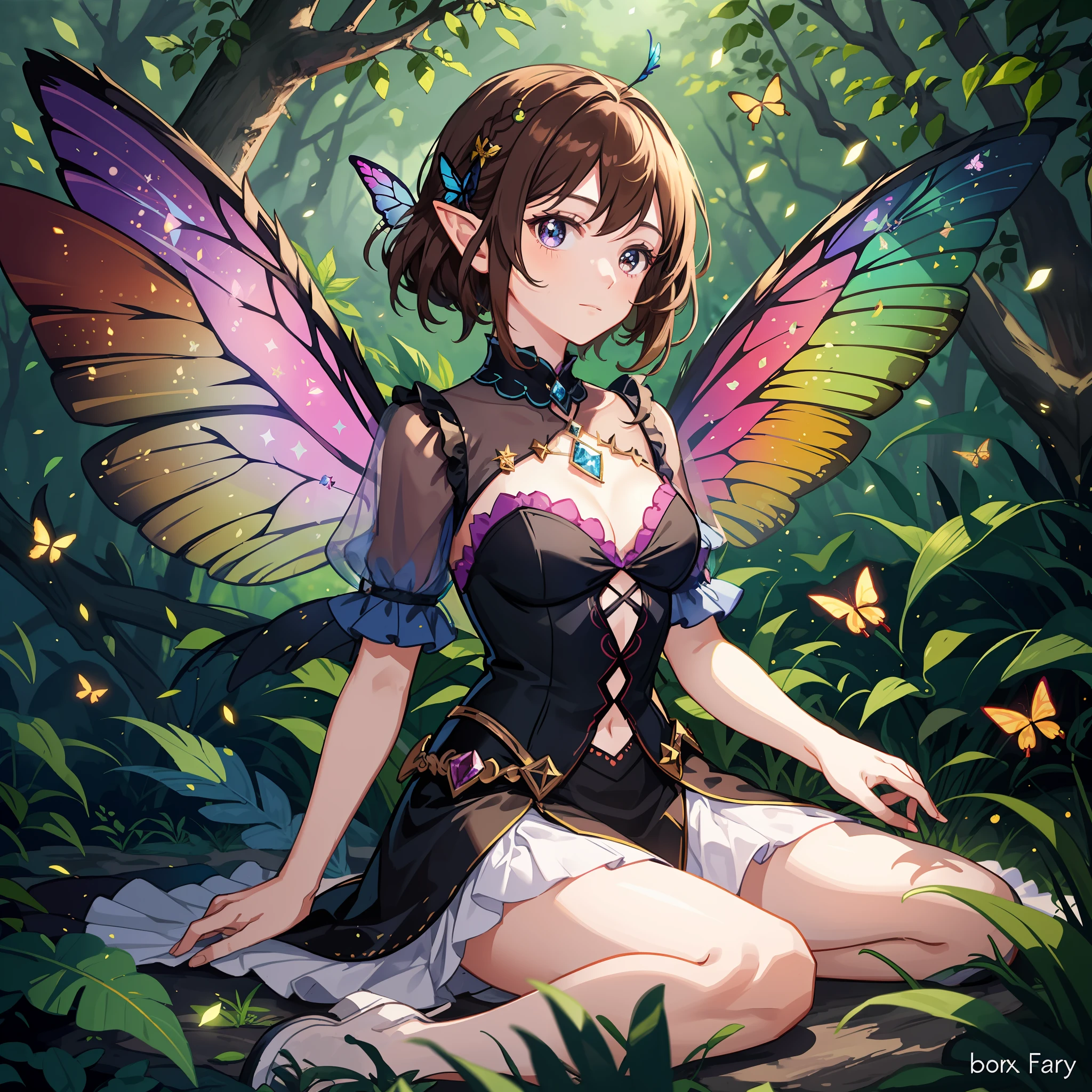 1girl, fairy, rainbow butterfly wings, pixie, pixie haircut, brown hair, enchanted forest background, sparkling, bokeh, UHD, 4k, masterpiece