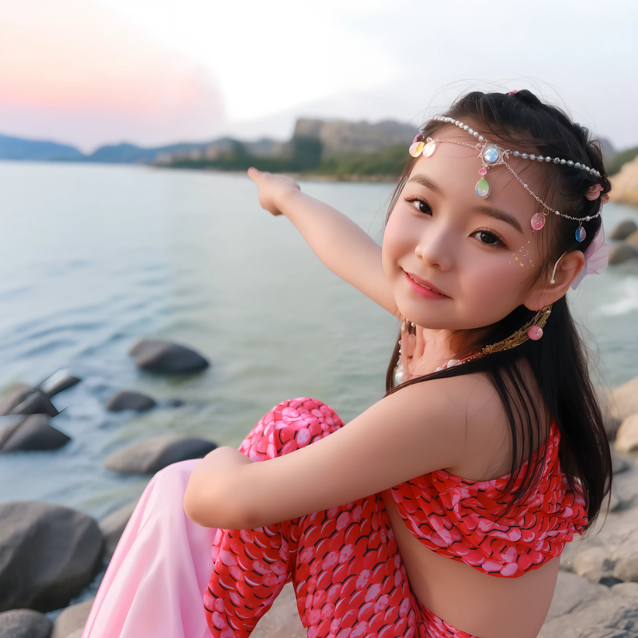 Allafard Asian girl in pink dress sitting on rocks by water, Young Asian girl, Chinese girl, little girl with magical powers, Cute young girl, Asian girl, Beautiful Asian girl, China Princess, Beautiful young girl, young and cute girl, smiling as a queen of fairies, of a youthful japanese girl, portrait of the magical girl