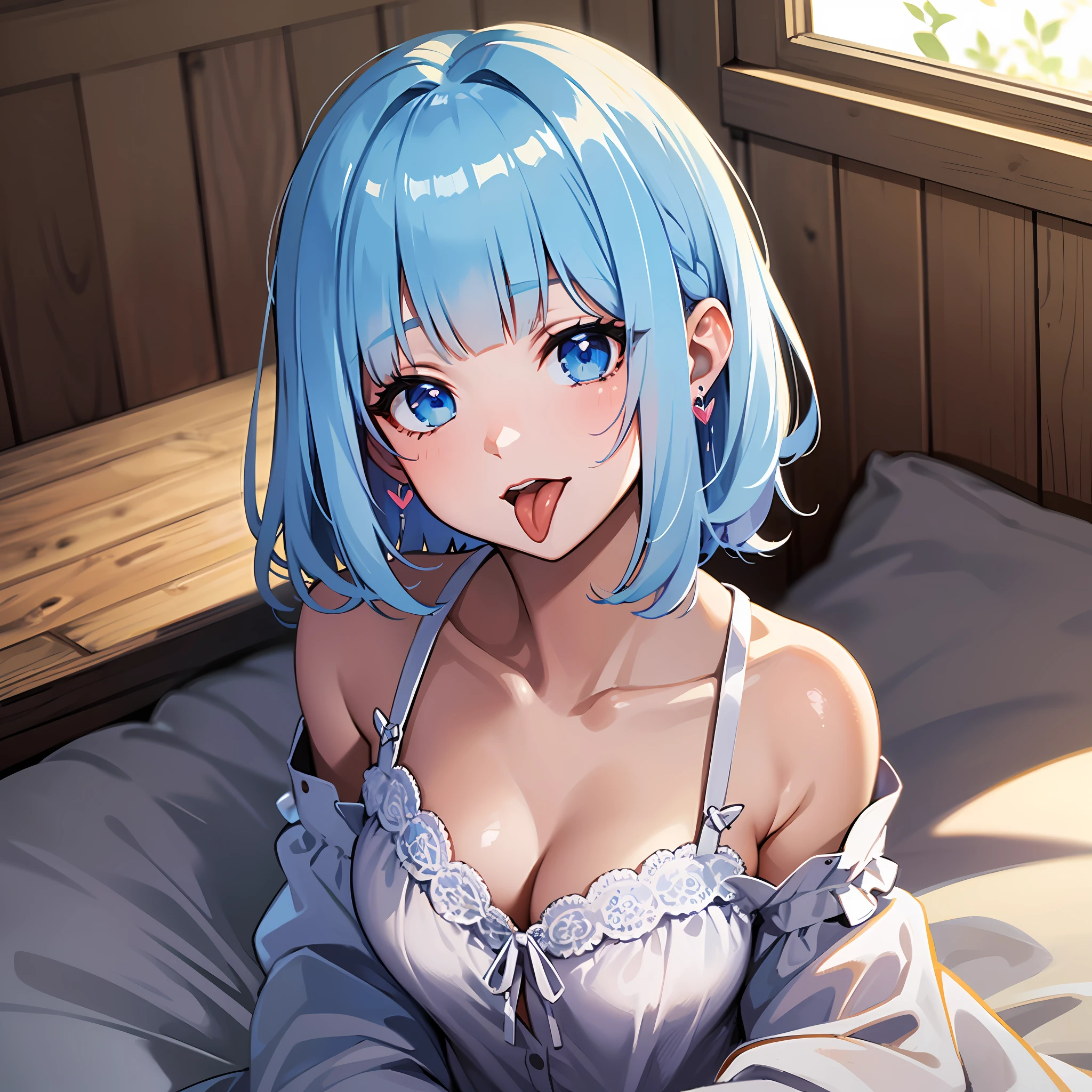 (masterpiece:1.3), (best quality:1.3), high resolution,
from above, couboy shot,
head tilt, sitting, on bed,
(one cute girl:1.3), solo,
white skin, small Breast, eight-headed person,
light blue hair, (bobbed hair:1.2), short hair, (blunt bangs:1.2), beautiful hair, blue eyes, beautiful detailed eyes,
(tongue out:1.3), heart,
pyjamas, earrings,
outdoors, white room, bed,
shadowlighting,