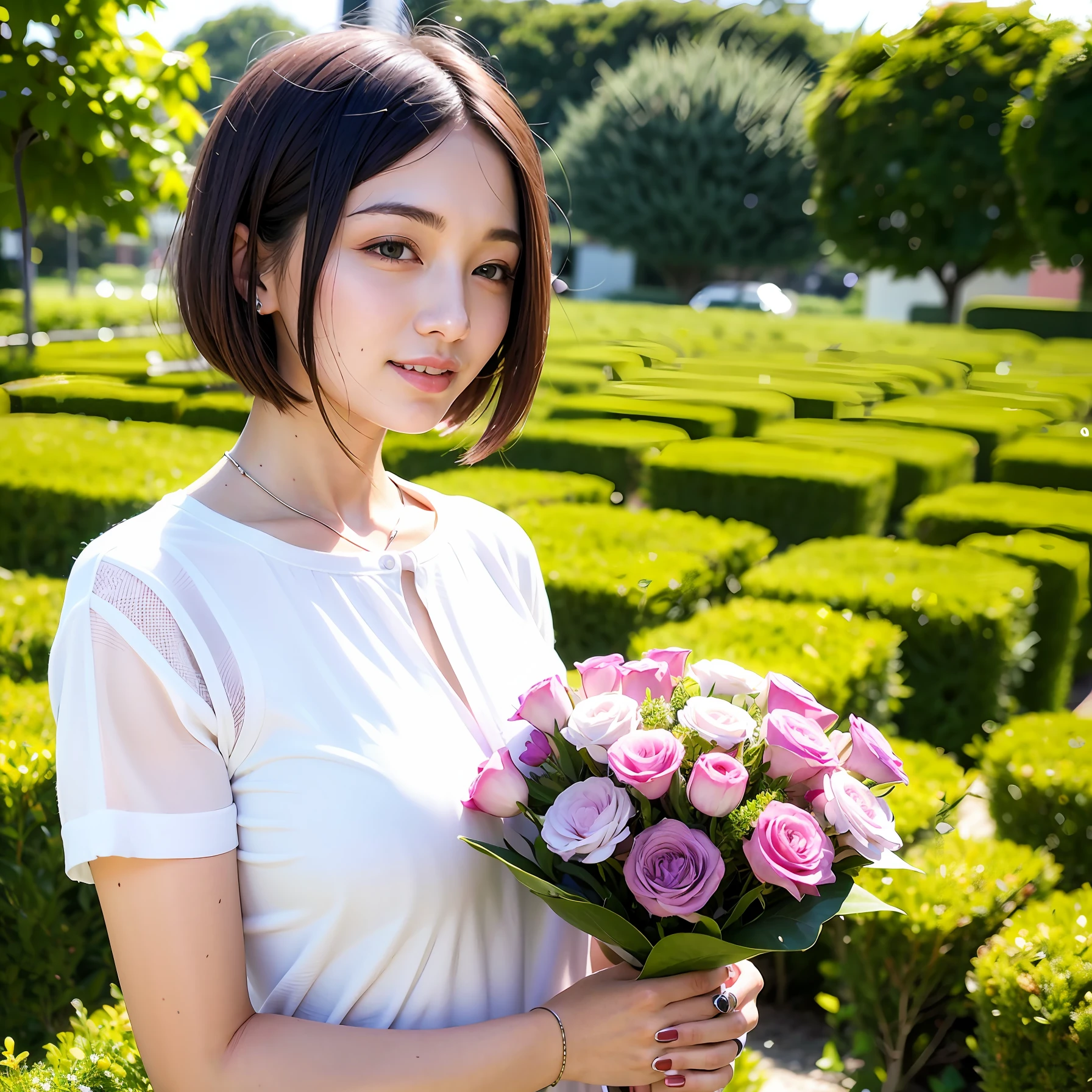 Short hair woman flower sea beautiful