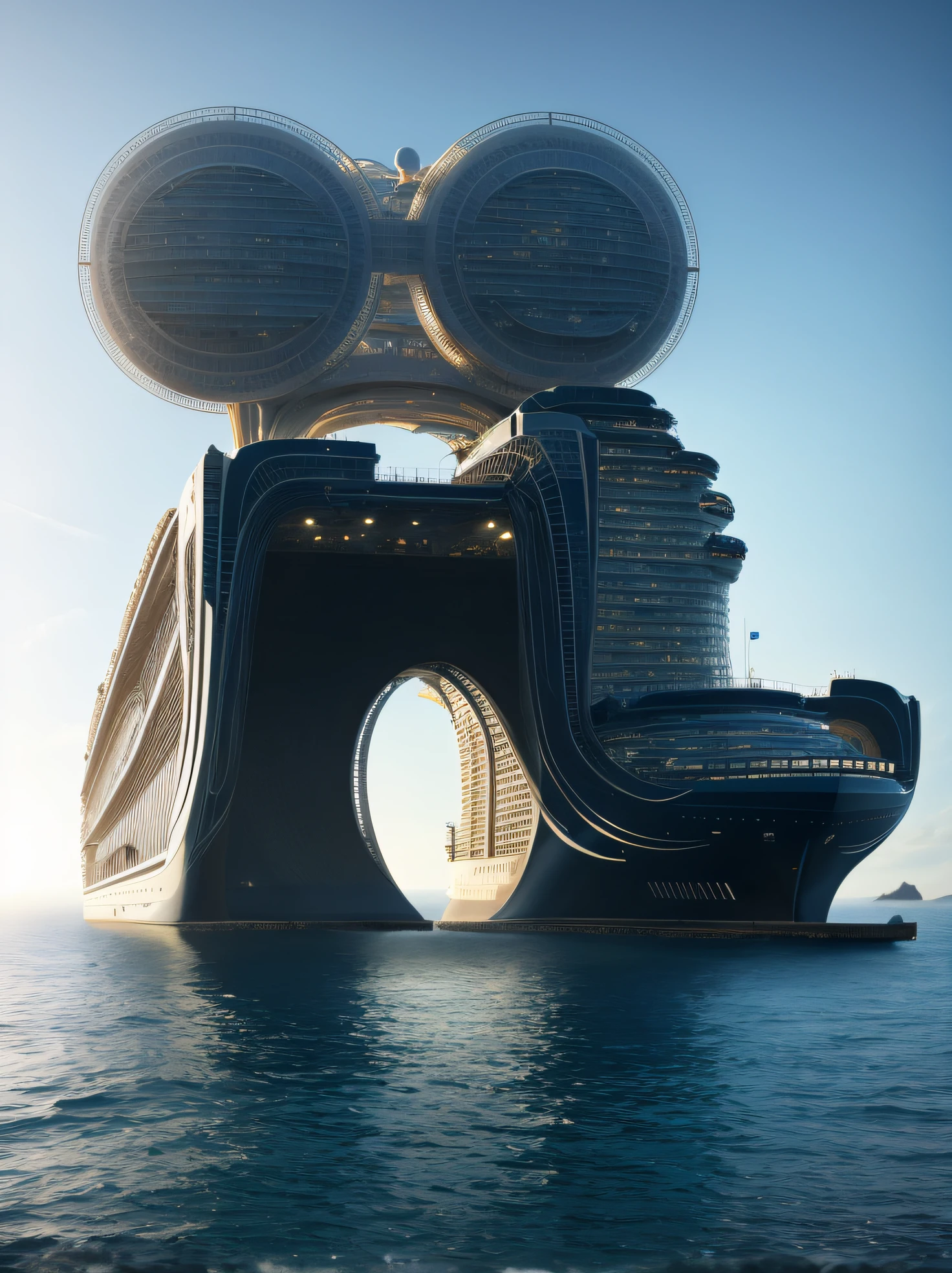 ocean floor,There is a large cruise ship floating in the water, Water surrounds the boat, atlantean, futuristic underwater metropolis, Floating palace, sunken ships, author:Mike Winckelman, A raging fire floating city, inspired by Mike Winkelmann, The Titanic is sinking, inspired by Chris Foss, Titanic exterior, Submerged on Titan, in a sci-fi shipping port