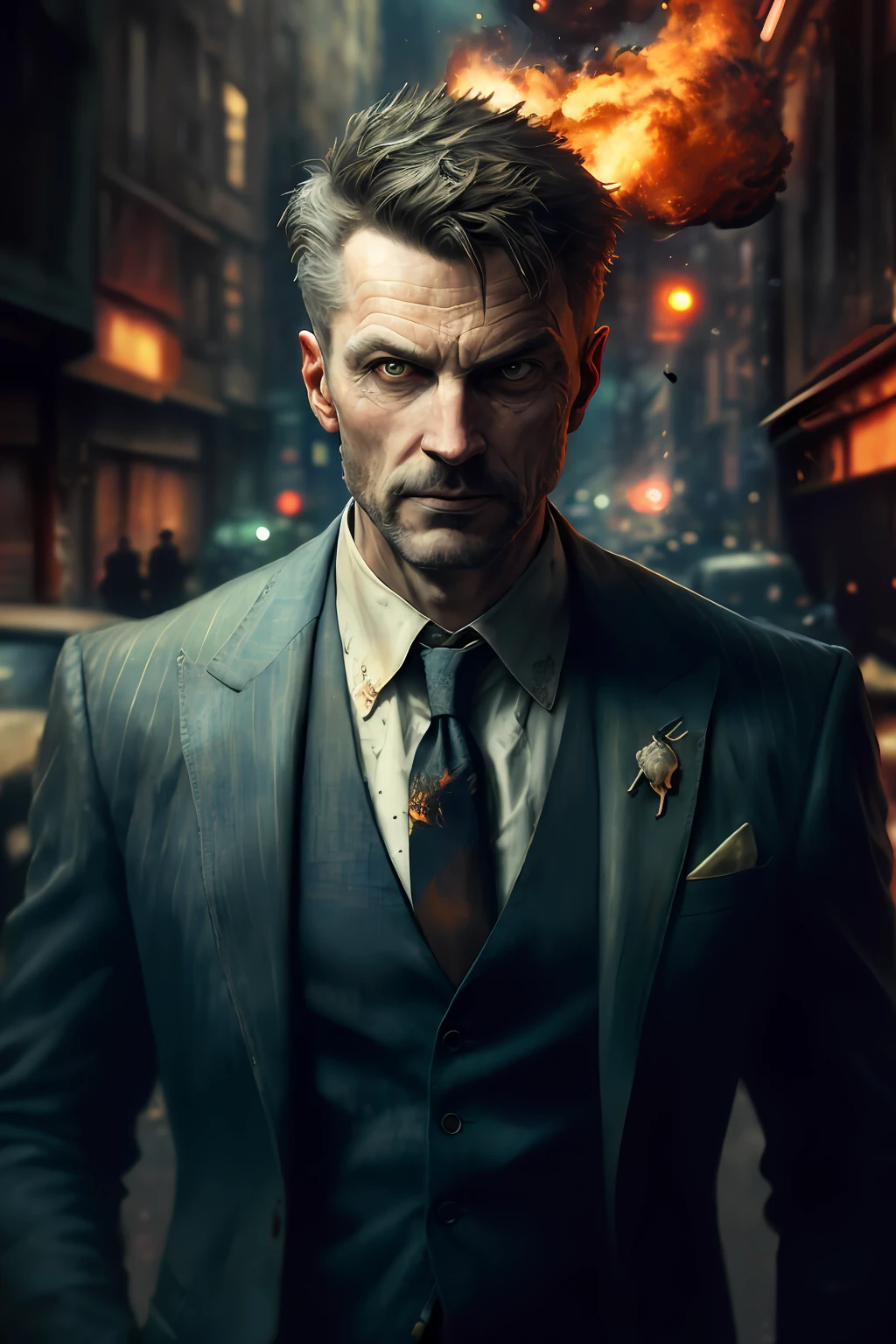 award winning photo of a mature man, sirsean,(realistic, photo-realistic:1.4),(sharp focus:1.4),
(detective:1.2), (fancy suit:1.1), smirk, (ultra detailed face and eyes:1.1), (album art:1.1), slum cyberpunk, frown, (slum old garage:1.1), (artpunk:1.0), unique pose, (trigun:1.1), (masterpiece:1.1), best quality, run-down, ultra high detail, (by antoine blanchard and casey baugh:1.1), (by zdzislaw beksinski:0.8), extremely intricate, extreme detail, raytracing, reflections, beautiful lighting, (harsh lighting:1.1), (High Saturation Clarity Contrast, deep levels, sharp, retouched, color graded:1.1), soft lighting, cinematic, (heavy contrast:1.2),sharp focus,,burning,(breathing fire),(explosion),fiery tail,