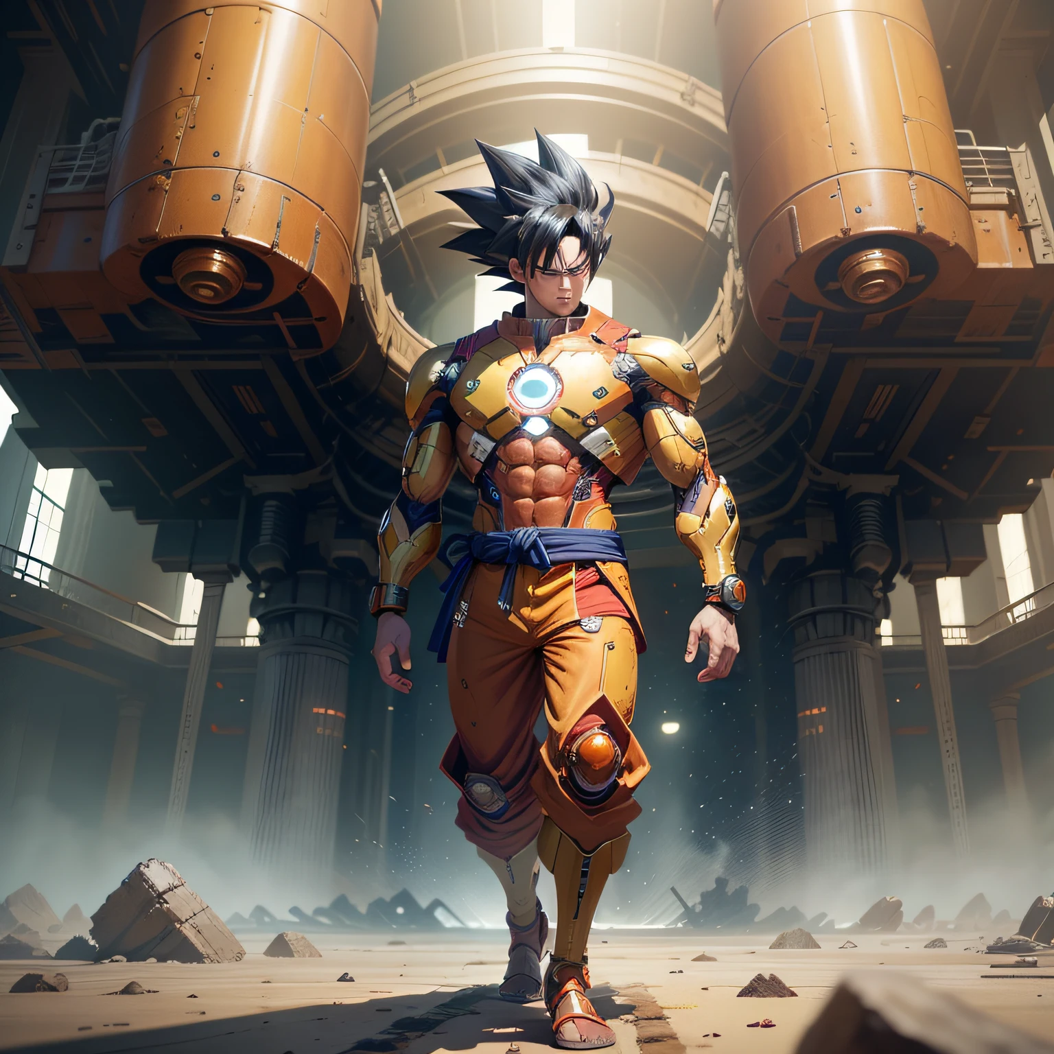 "Draw a new version of Goku from Dragon Ball in which he is a fusion with Marvel's Iron Man. He should have Goku's overall appearance, but with strokes and details reminiscent of Iron Man, como uma armadura vermelha e dourada com detalhes em azul e branco. Seus olhos devem brilhar com energia, mostrando o poder que ele tem. Ele deve estar em uma pose de combate, Prepared to use their martial arts and technological skills together in battle. Ao fundo, draw a scenario that refers to the Dragon Ball universe, like a destroyed battlefield or the Capsule Corporation. Seus ataques devem ser atualizados para incluir mais tecnologia, as energy blasts and energy weapons."