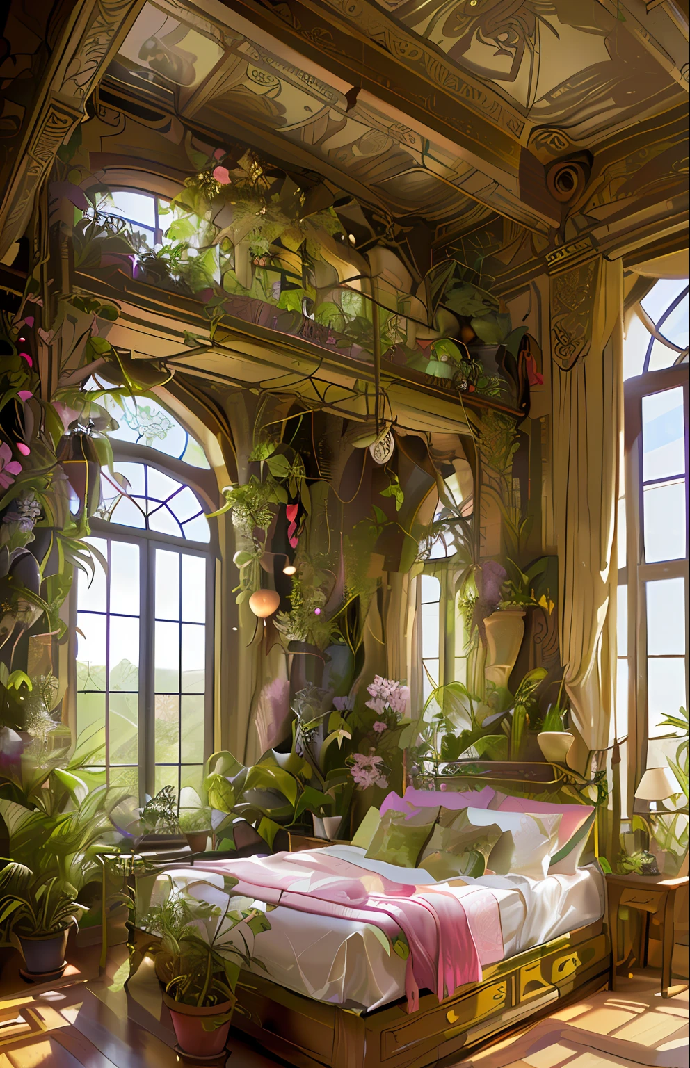 arafed bedroom with a bed and lots of plants in it, room full of plants, adorned with all kind of plants, maximalist art nouveau, overgrown with orchids, maximalism. stunning, lush plant and magical details, romantic greenery, floral jungle treehouse, trending on pinterest,maximalist, art nouveau jungle environment, maximalist, ornate retreat