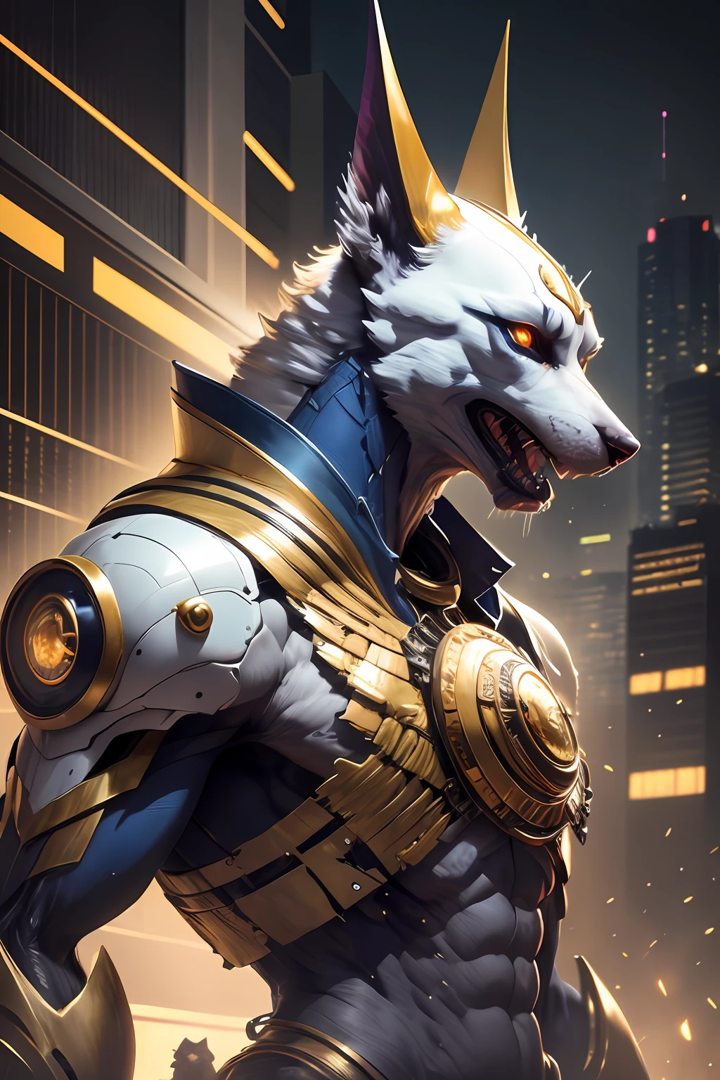 simple background, 1man, godanubis, upper body. side-view, open mouth, cowboy-shot, glowing eyes, mechanical body, cyberpunk, mecha, cyber, robot. white-head. golden-blue-body, godanubis-head, anubis-head, dog-head,