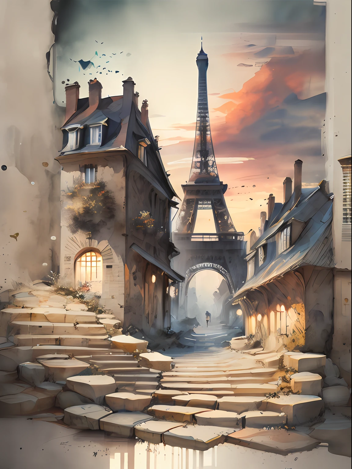 Miaobishenghua, [(fondo negro: 1.5)::5], Torre Eiffel, atardecer, pintores,