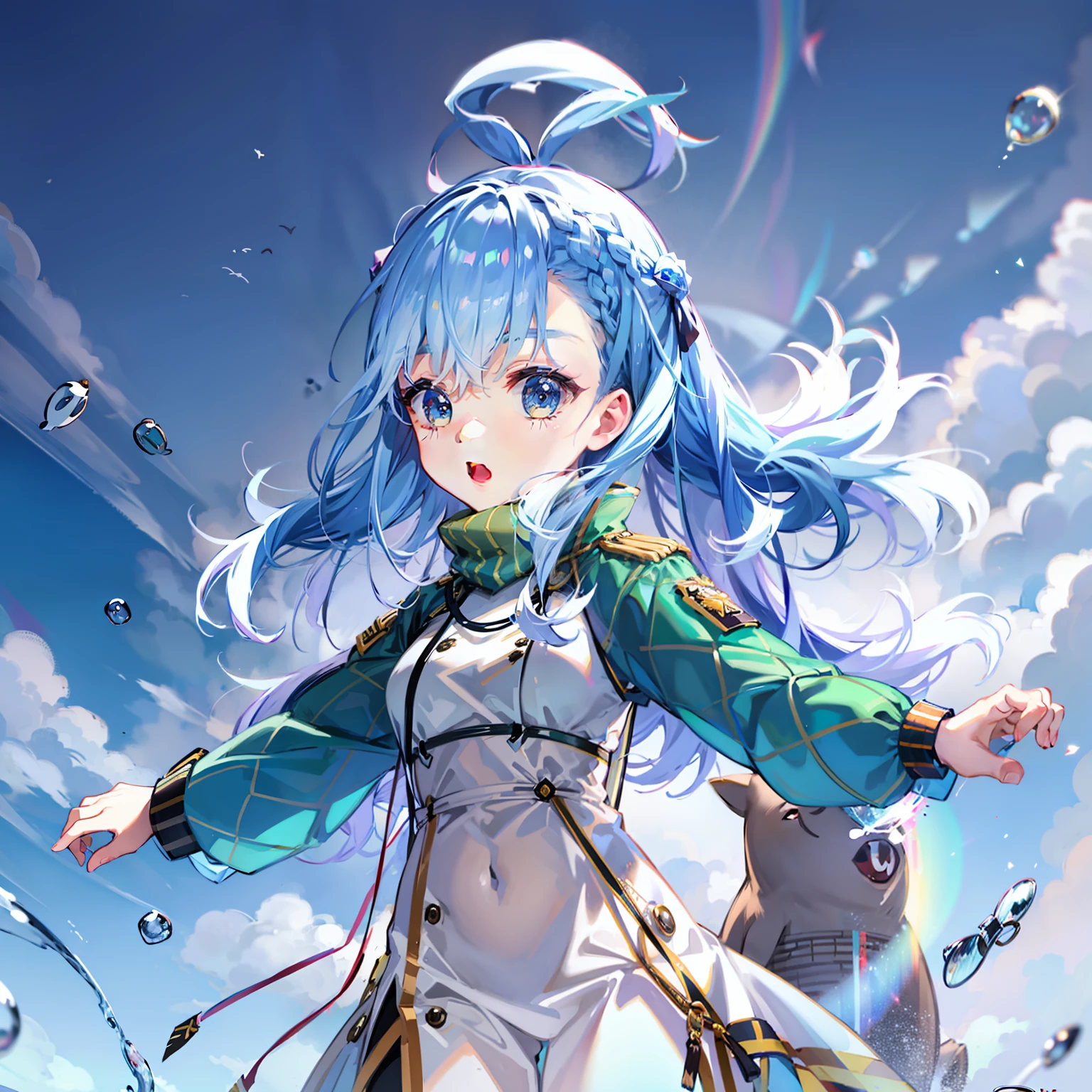 Two-dimensional blue hair military uniform penguin medium long hair