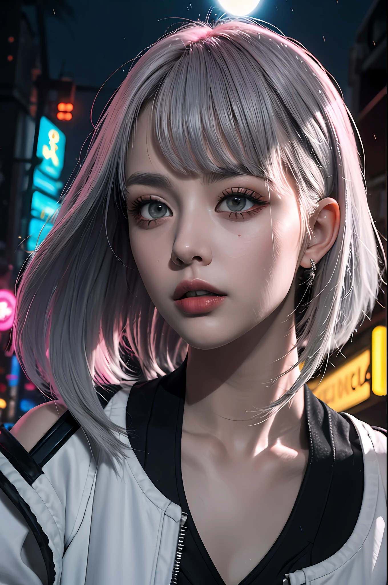 (Top Quality, 8k, Masterpiece, CG)lucy \(cyberpunk\), 1girl, hair scrunchie, hime cut, silver hair, colored tips, full moon, grey eyes, jacket, long sleeves, looking at viewer, super detailed face, medium hair, multicolored hair, bangs parted, lips apart, Pink hair, portrait, red eyeliner, red lips, solo, white jacket, cyberpunk (series), rainy night in neon-shimmering cyberpunk city