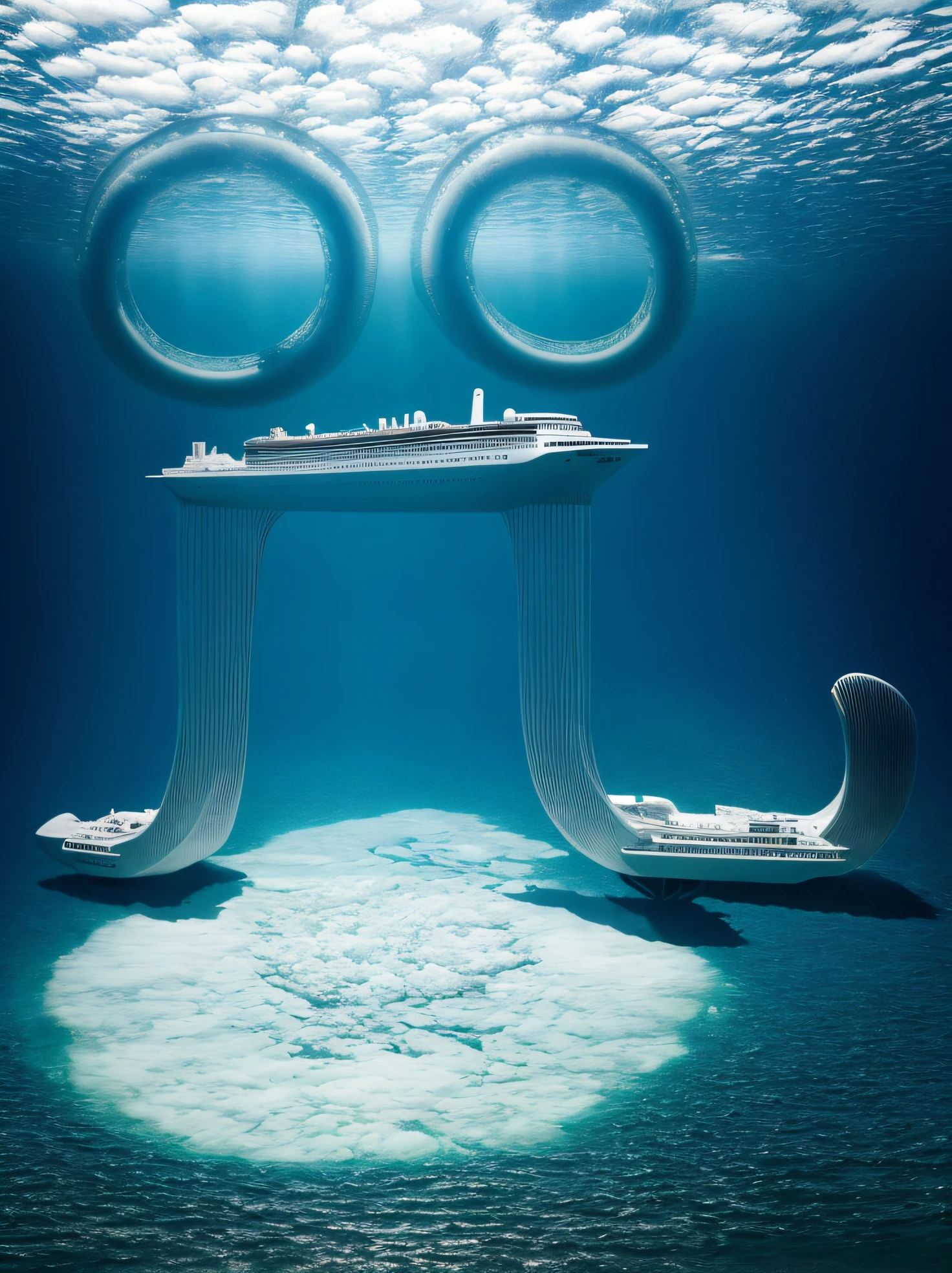 Antarctic seabed,There is a large cruise ship floating in the water, Water surrounds the boat, atlantean, futuristic underwater metropolis, Floating palace, sunken ships, author:Mike Winckelman, Floating City, inspired by Mike Winkelmann, The Titanic is sinking, inspired by Chris Foss, Titanic exterior, Submerged on Titan, in a sci-fi shipping port