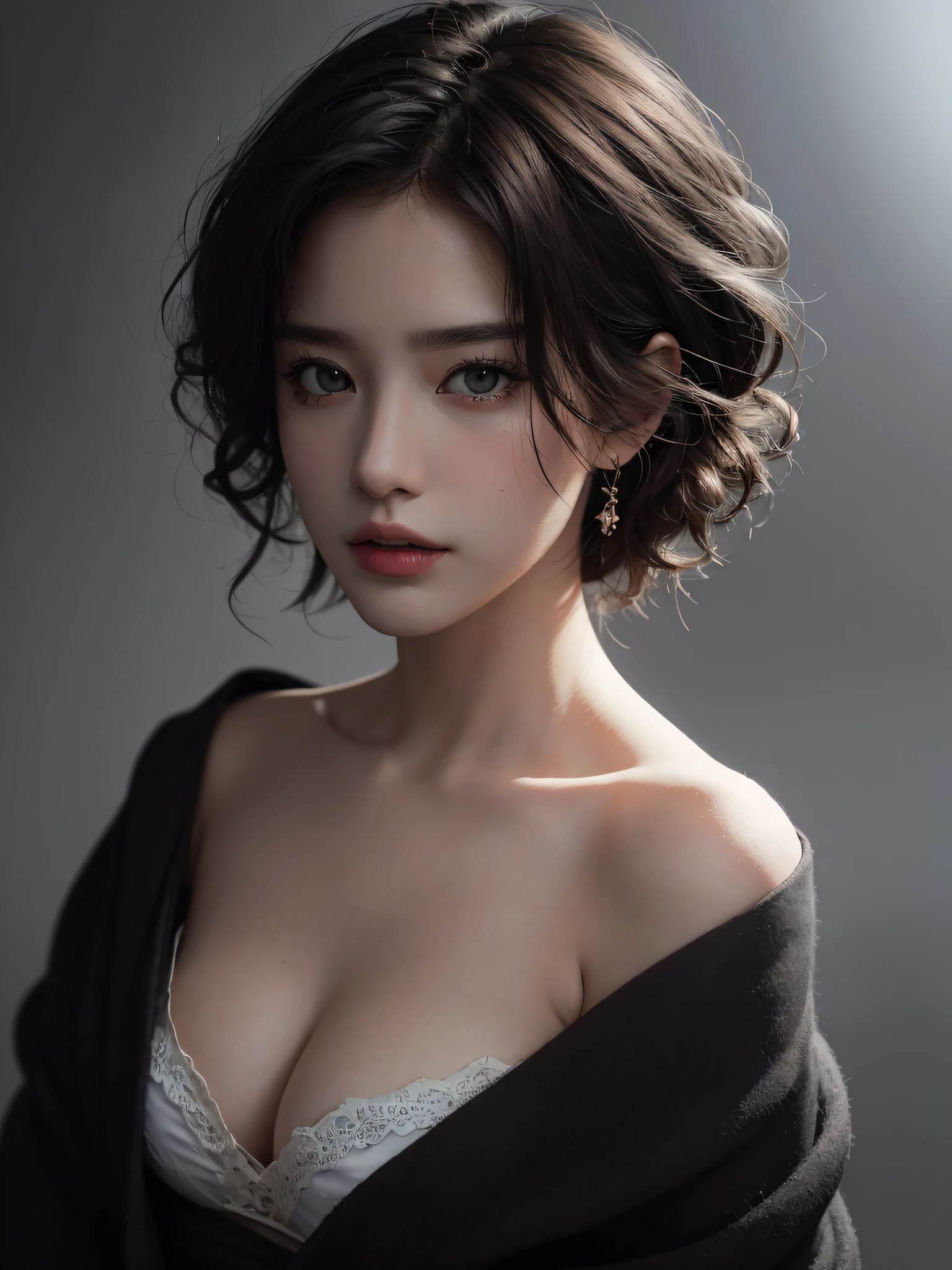 best qualtiy， tmasterpiece， 超高分辨率， （realisticlying：1.5）， RAW photogr， white  clothes，Kizi， bshoulders， in the darkness nigth， deep shading， low tune， cold light， Sexy look， short detailed hair