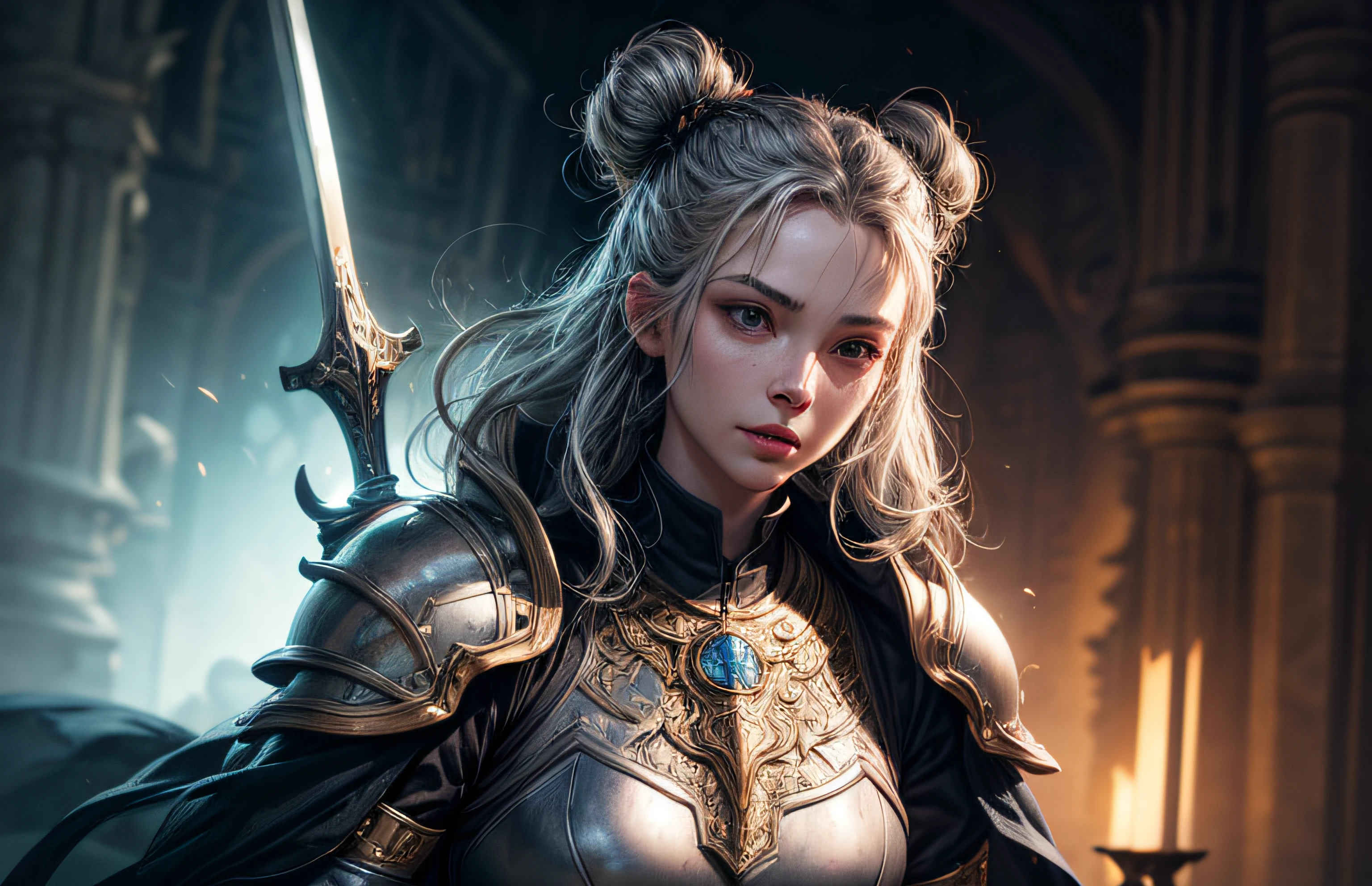 ((Best quality)), ((masterpiece)), ((highly intricate details)),beautiful, high quality, highres, absurdres, light difussion, intricate details, complex details, (perfect face:1.3), extreme detailed eyes, colorful, highest detailed, vibrant colors, high contrast, (8K UHD:1.2), (photorealistic:1.2),(masterpiece:1.4), (best quality:1.4), realistic, 1girl medium breasts, wavy hair, from bottom view, smile, priest, knight, ancestor, church background, armor, light armor, fiery aura, epic pose, dramatic lighting, cinematic, establishing shot, extremely high detail, photo realistic, cinematic lighting, pen and ink, intricate line drawings, by Yoshitaka Amano, Ruan Jia, Kentaro Miura, Artgerm, post processed, concept art, artstation, matte painting, style by eddie mendoza, raphael lac, short hair, holding sword, upper body, hyper detailed, ((1girl)),((upper body)), intricate, short silver hairstyle with pigtails and buns, holy power, light difussion, holy grail, light theme, ((dynamic pose))