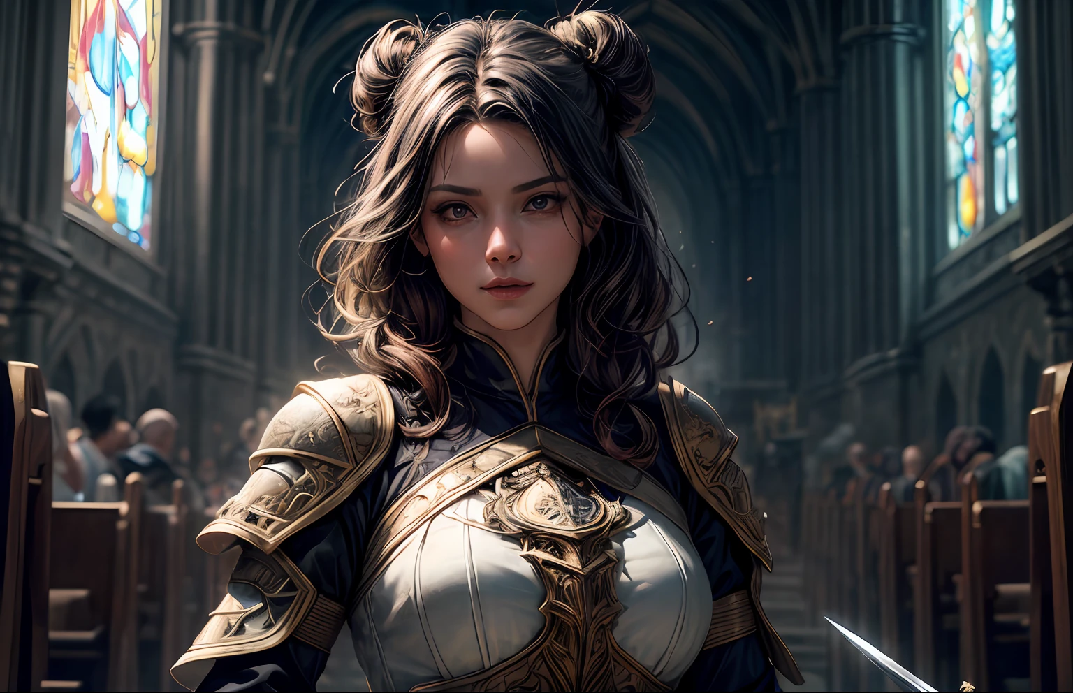 ((Best quality)), ((masterpiece)), ((highly intricate details)),beautiful, high quality, highres, absurdres, light difussion, intricate details, complex details, (perfect face:1.3), extreme detailed eyes, colorful, highest detailed, vibrant colors, high contrast, (8K UHD:1.2), (photorealistic:1.2),(masterpiece:1.4), (best quality:1.4), realistic, 1girl medium breasts, wavy hair, from bottom view, smile, priest, knight, ancestor, church background, armor, light armor, fiery aura, epic pose, dramatic lighting, cinematic, establishing shot, extremely high detail, photo realistic, cinematic lighting, pen and ink, intricate line drawings, by Yoshitaka Amano, Ruan Jia, Kentaro Miura, Artgerm, post processed, concept art, artstation, matte painting, style by eddie mendoza, raphael lac, short hair, holding sword, upper body, hyper detailed, ((1girl)),((upper body)), intricate, short silver hairstyle with pigtails and buns, holy power, light difussion, holy grail, light theme, ((dynamic pose))