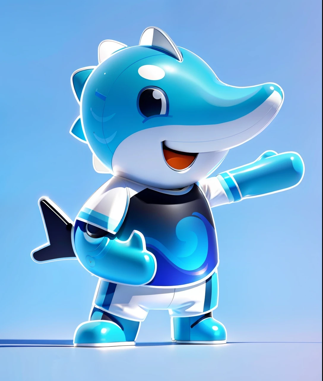 best qualtiy,Cyan dolphin,Cartoon illustration with white shirt,Black shorts, whale, telegraph stickers, 3D anthropomorphic dolphin, With a smile, toonix character, sports team mascot, sports mascot, japanese mascot, full body mascot, mascot illustrations, white backgrounid