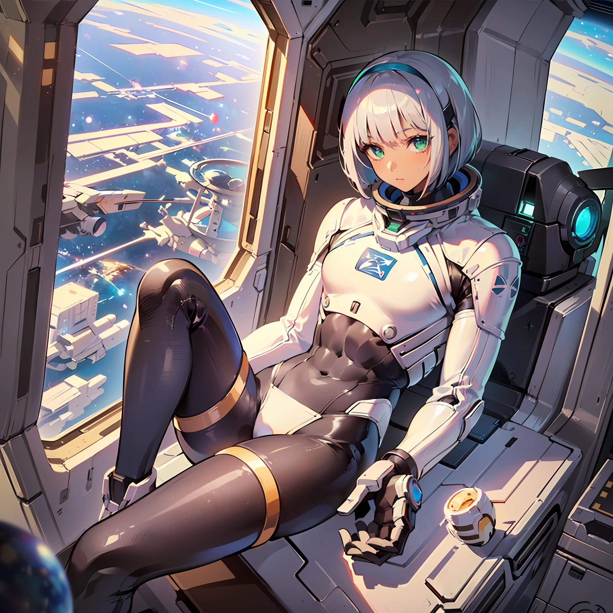 ((Masterpiece)), ((Best Quality)), ((Best Quality)), (Illustration of One Boy), Full Body, ((Bishonen)), (Man's Daughter), (Neutral), (((Silver Hair Bob Cut)), Hair Band, Green Eyes, (((Brown Skin)), (Toned Body), Abs, ((White Pilot Suit)), ((Inside the Spaceship)), (Outside the Window, Space, Earth from Space, Spaceport)