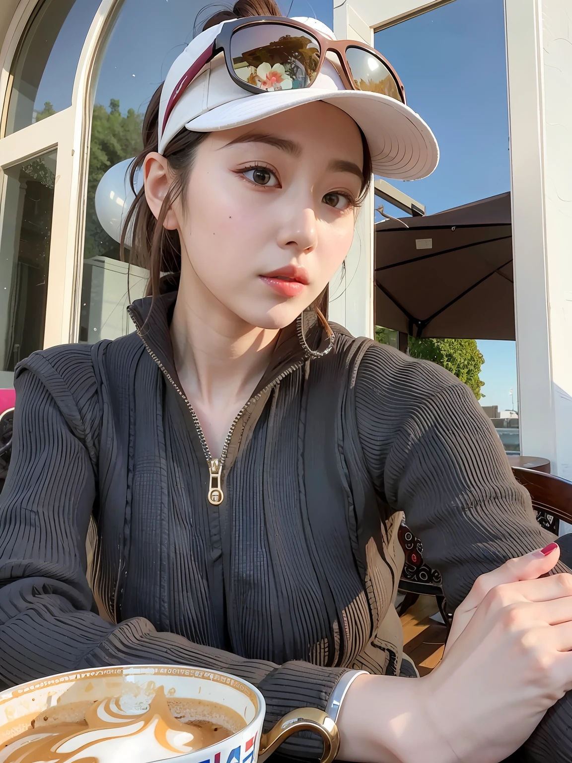 there is a woman sitting at a table with a cup of coffee, dilraba dilmurat, xintong chen, 3 0 years old woman, 30 year old female, Li Zixin, Gorgeous young Korean woman, wenfei ye, Cai Xukun's, gorgeous woman, 7 2 0 p, 720p, profile image, qifeng lin , Lower the fasteners --auto