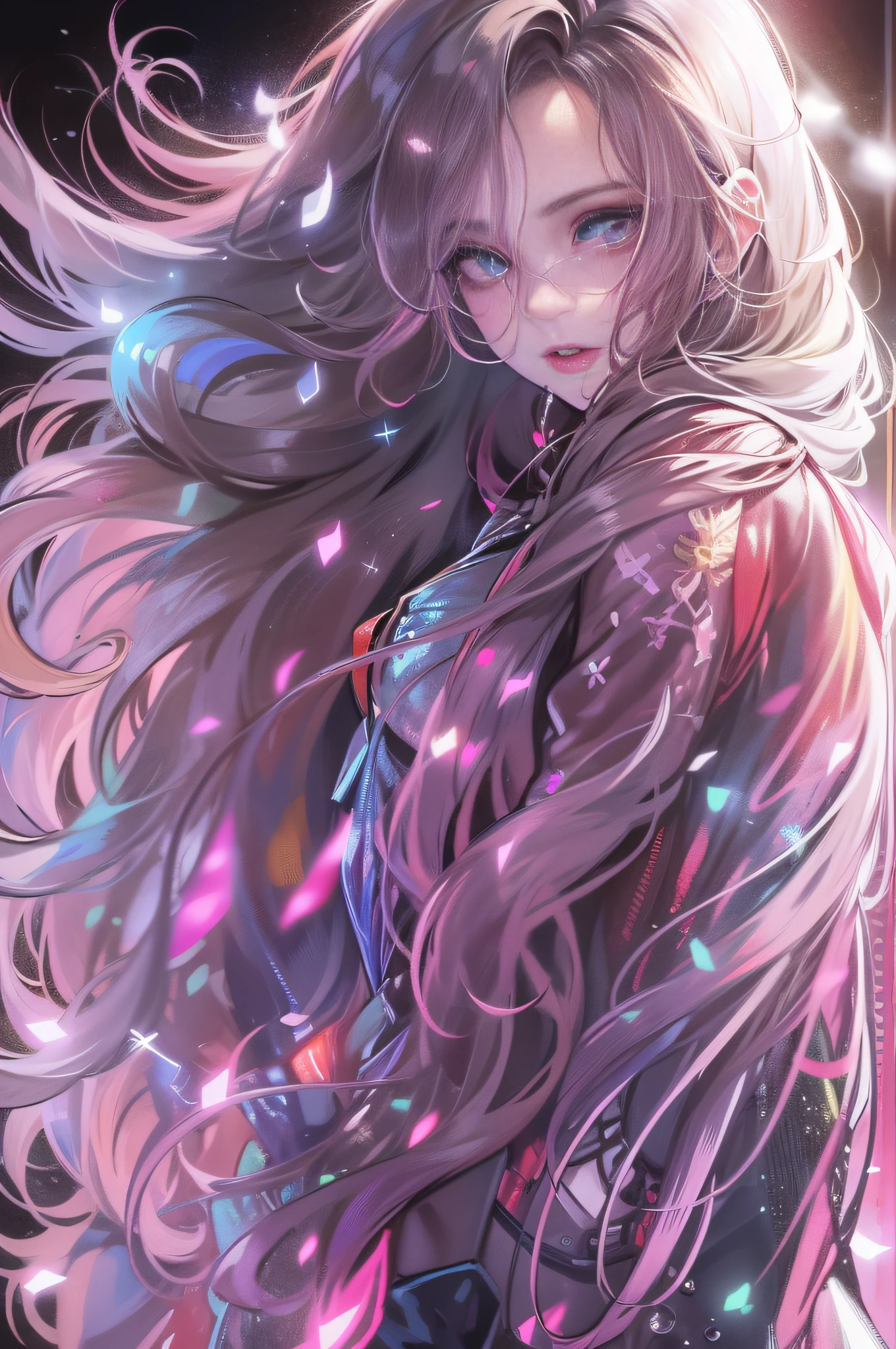 One very beautiful woman looking back at you, dressed like a fashion model, crazy long hair, shiny hair, expressive hair, crystal hair, gradient eyes, artistic, conceptual art, glitter effect , Glow, UHD, Retina, Masterpiece, Accurate, Anatomically Correct, Super Detailed, High Detail, Fine Skin