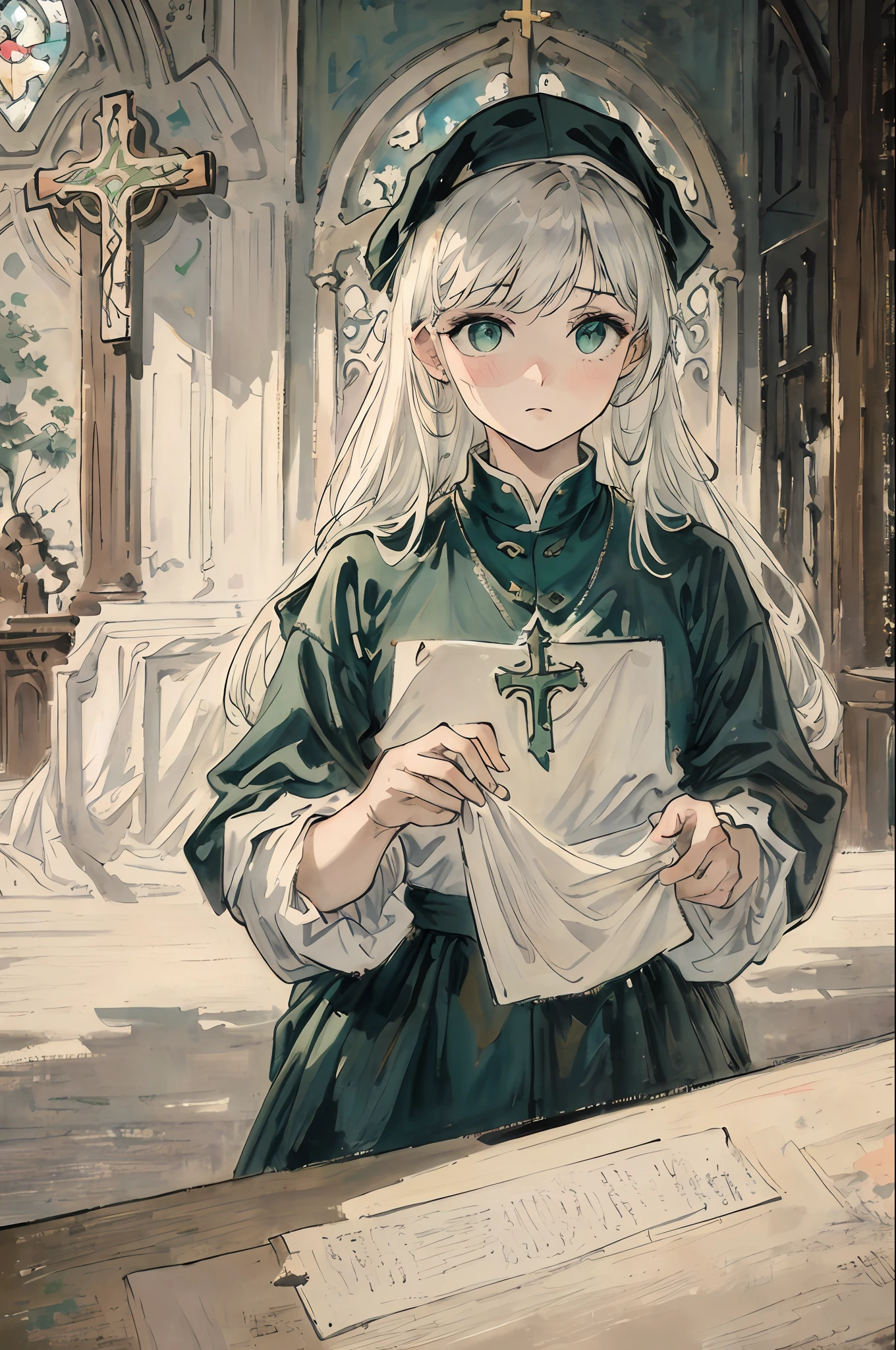 tmasterpiece,Need,The best beautiful girl,Extremely beautiful,World Masterpiece Theatre,super-fine,Need,Need,White hair,A high resolution,Need,1girll,Need,illustratio,looking at viewert, impasto, canvas, oil painted, Realistic, Realist,Real,green-eyed,christianity,Church of the Cross
