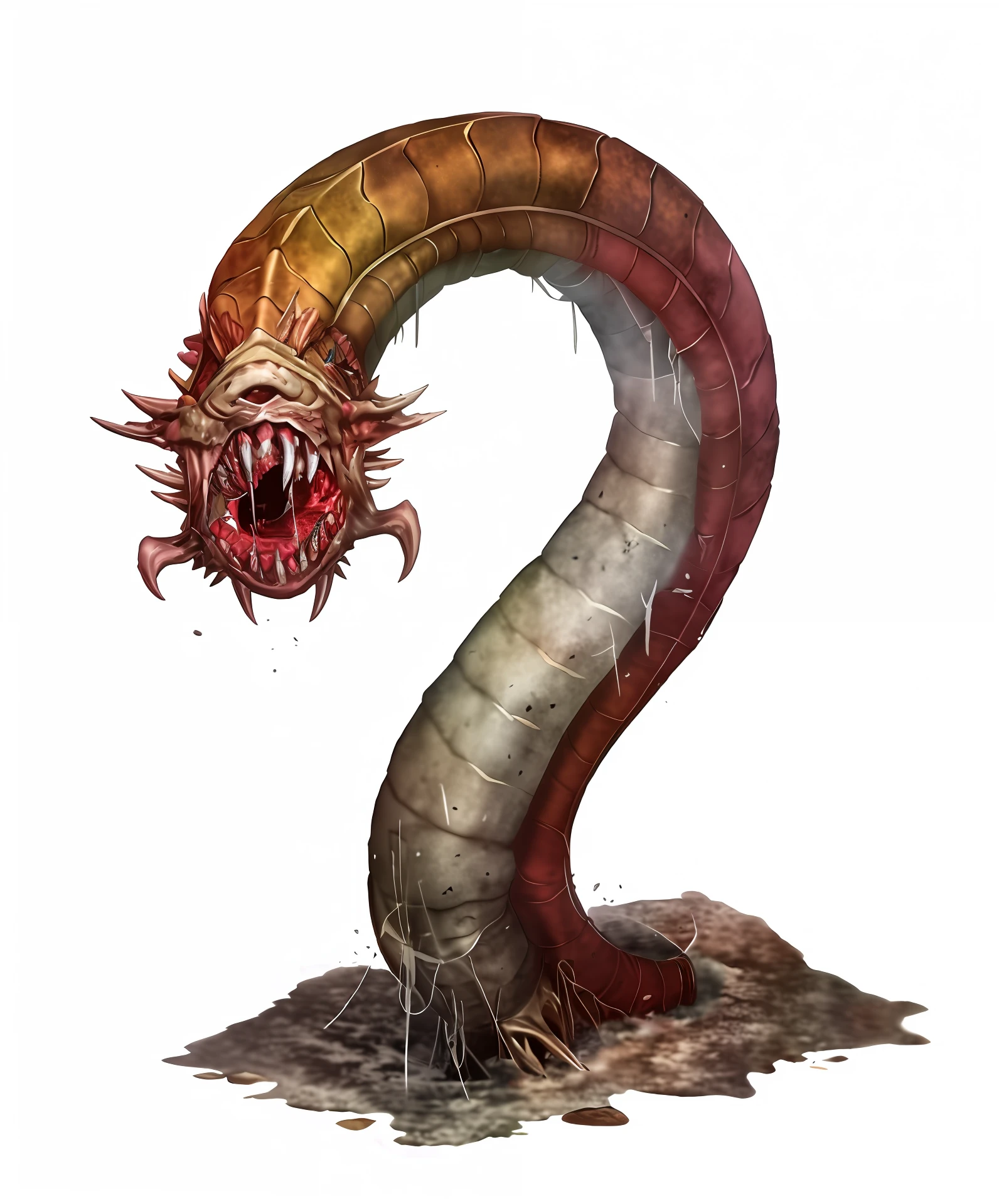 there is a very large snake with a very long neck, verme boca redonda, verme, monstro do verme, centopeia gigante, Naga-Tirr, criatura tubular, d & d criatura, serpentine water monster, como um d & D Monstro, verme de areia, tentacle beast, boca de verme, hot maw detalhado, the hydra from path of exile, Giygas