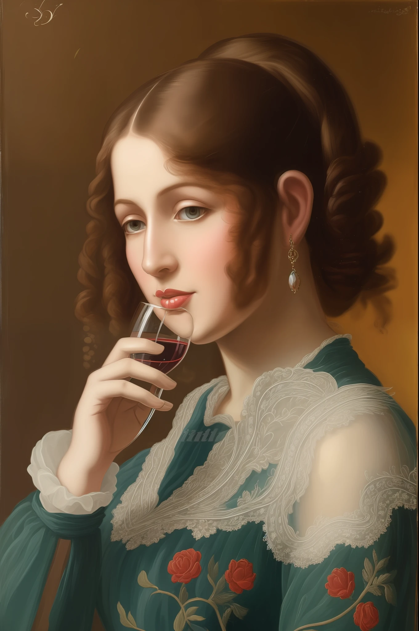 A beautiful vampire holding a glass of wine in her hand, wearing vibant periwinkle floral embroidered lace gown with long sleeves, front facing portrait, facing forward, looking at you, regency, tudor, well lit background, illumintated backgound, soft lighting, natural daylight, uplight, oil painting, detailed portrait, 8k, hd, realistic, in the style of Joseph Karl Steiler, in the style of Eduard Friedrich Leybold --auto --s2