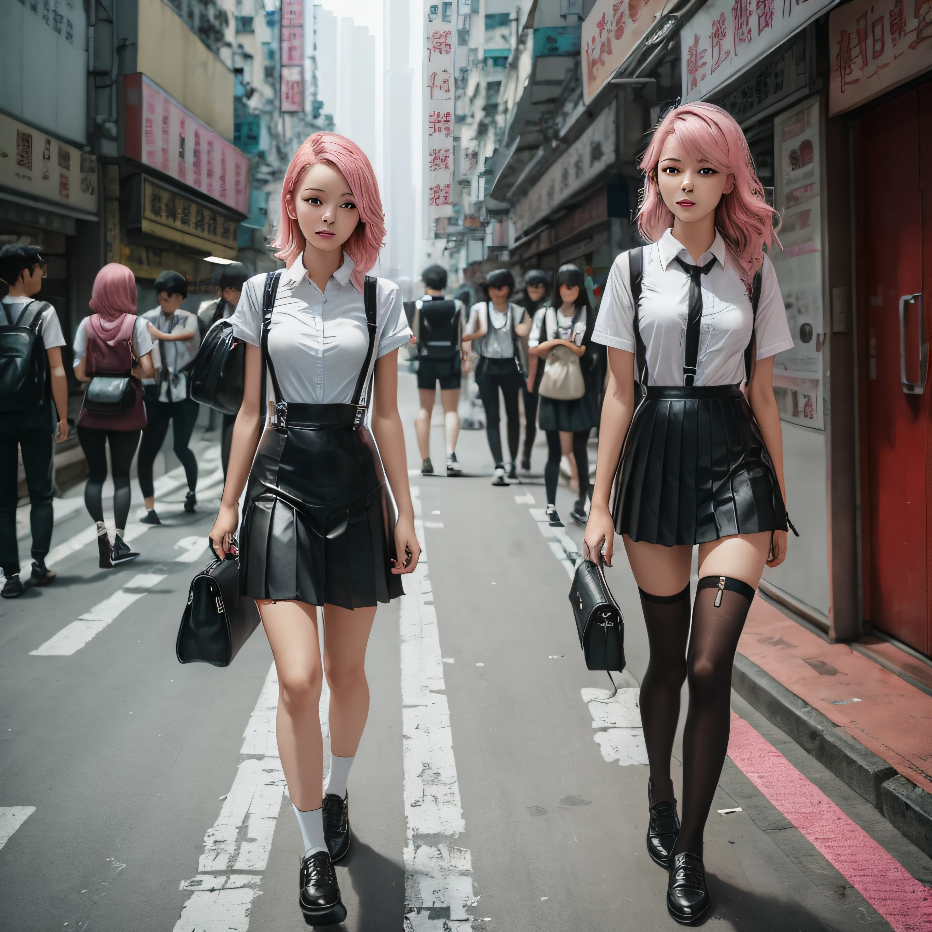 realisticlying,Beautuful Women,university student,Pink hair,Black suspender clothes,White pleated skirt,Black stockings,Leather shoes for high school students,Background Hong Kong streets --auto