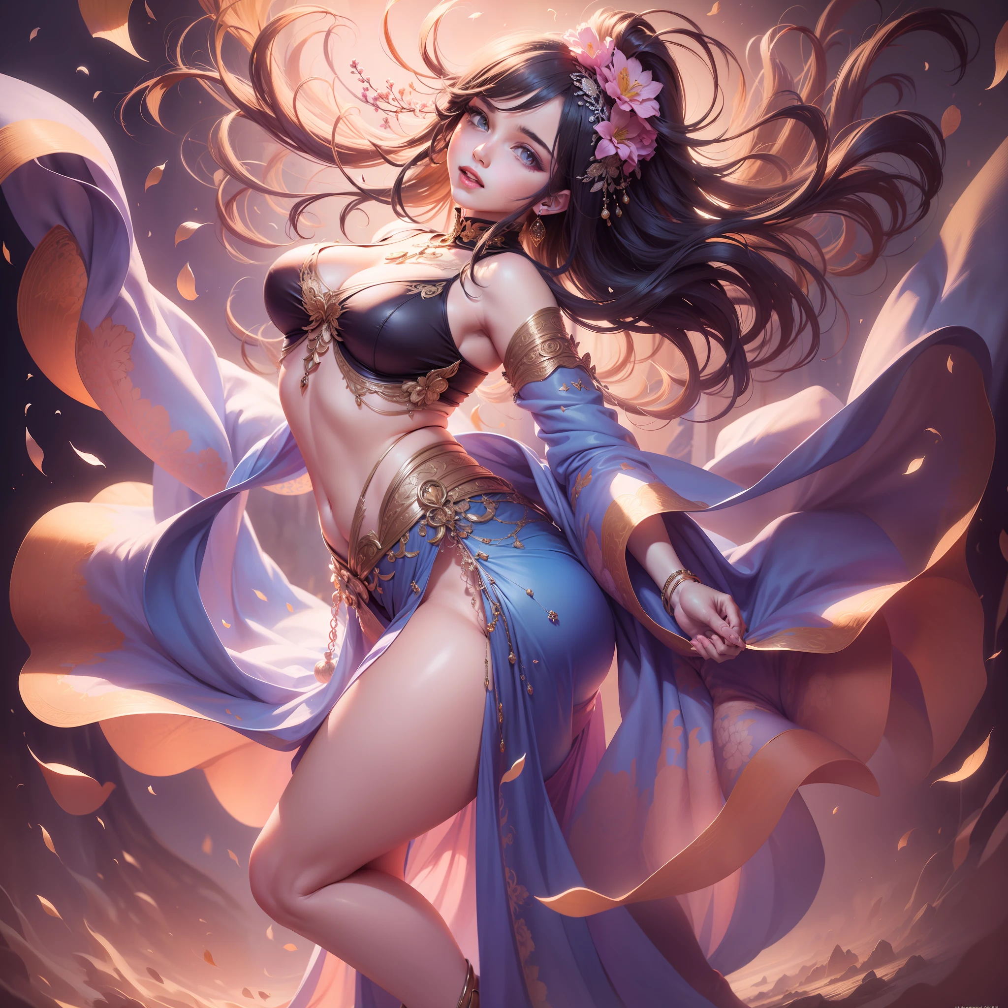 A woman plays solo beauty （A mature beauty around 30 years old）   Bumpy posture, Seductive face, Meticulous facial portrayal, vivid expression, Delicate facial features, Flowers（flower  sea）Dance in the dance Enchanting dance （（Crazy dance）（Classical dance）（Amazing dance）（tango）（GB dance））Beautiful posture, Full of vitality, Soaring backflip spin, Beautiful legs, Beautiful feet, Ankle ring, Amazing dance （Grab a gorgeous flower with one hand） Fashion women's clothing（（long  skirt）（short  skirt）（kaftan）(blouse）（long trousers）（shorter pants）（vest）（Harnes）（Shawl）（Collar）（onesie）） Bare back ，Bare buttocks， 8K HD masterpiece, Highest quality, Crazy details, high resolution, Background flight（ Valley Creek） Rich pictures Official aesthetic Court-level art Full body shot