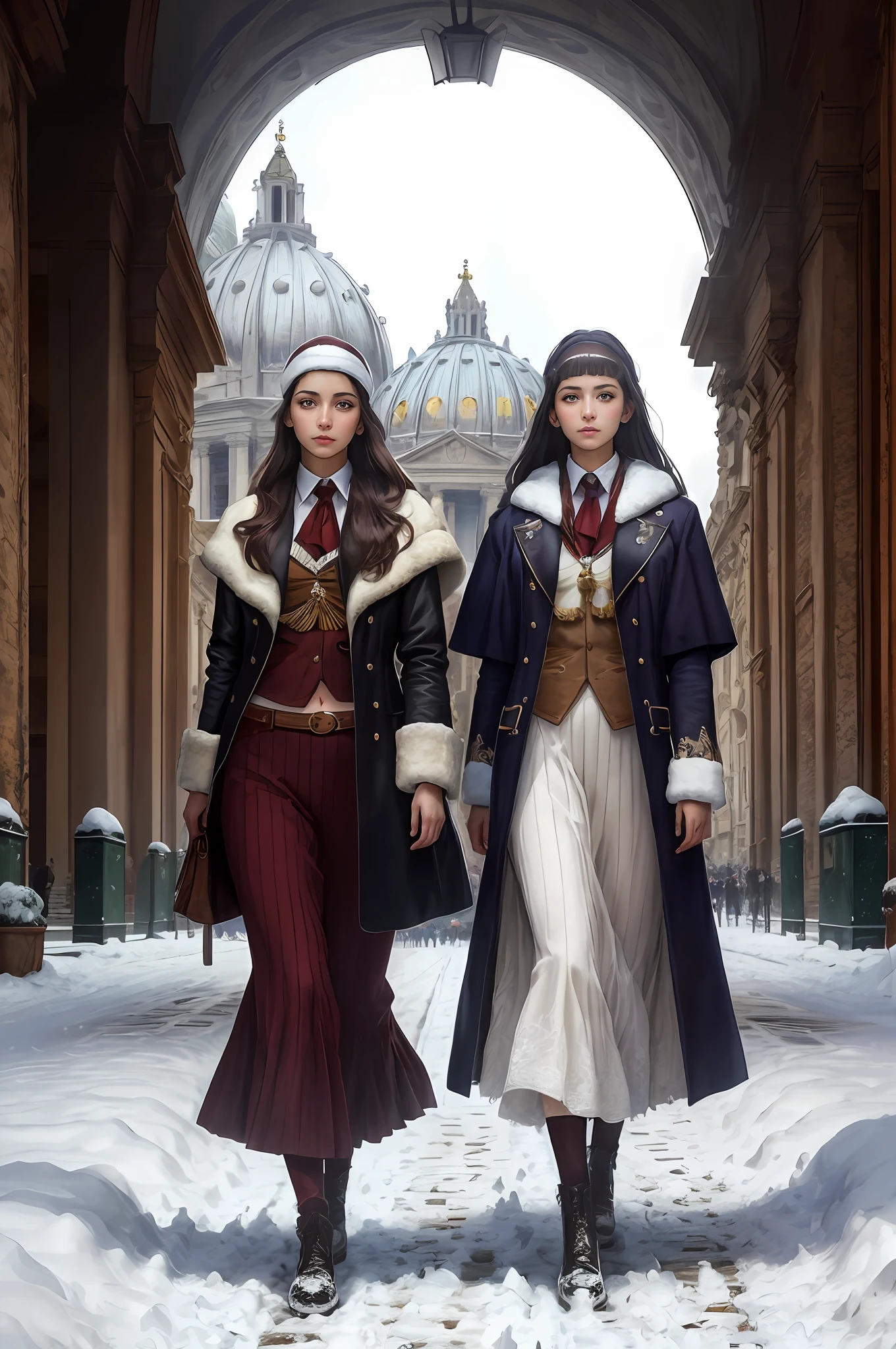 （Positive focus),2girls,duo,navel,(on the St. Peter's Square of Vatican,crowd,winter,Snowy),Surrealistic Female Portraits by David Hockney and Alphonse Mucha,Fantasy art,photograph realistic， Dynamic lighting，art  stations,poster for,Volumetriclighting,Very detailed faces,4K,Award-Awarded,Fantastic costumes,Deep shadows,low tune,cowboy lens， （official outfit：1.4）， looking at the camera in， Half-body shot，（（Realistic face））），