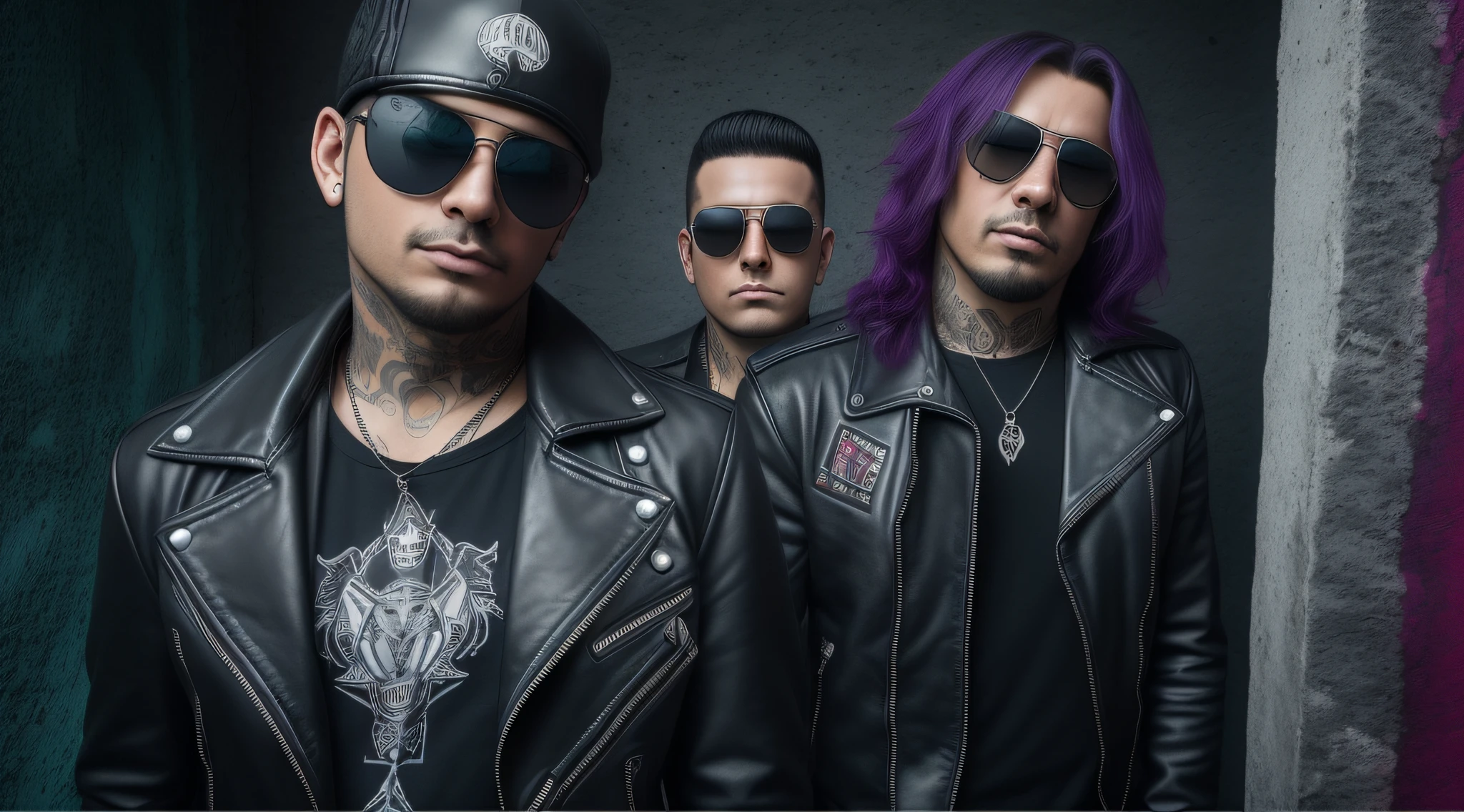 3 MENINOS LOIROS CABELOS LONGOS, in black leather jackets and sunglasses, DE MEIO CORPO, LUZES PURPLE SUAVES DE FUNDO, posando para uma foto, foto de alta qualidade, imagem de muito baixa qualidade, foto promocional de banda de rock pesado, fosforescente, promo de banda de heavy metal, Photo of a promotional session, of the highest quality, foto de guerra, a scooter ( EDM banda, vibe sinistra, the band name is roborock
