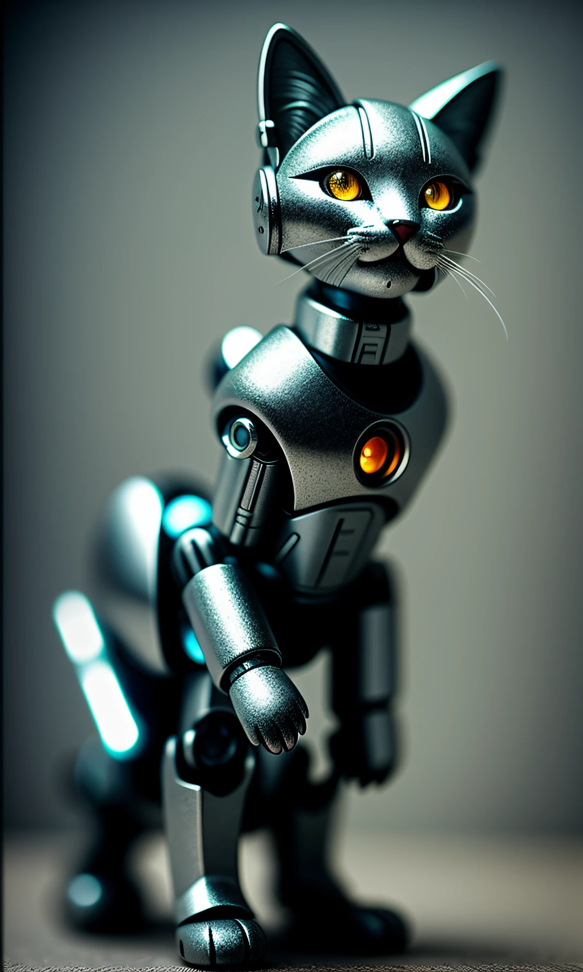 cute kitten made of metal, (cyborg: 1.1), ([tail | detailed wire]: 1.3), (complex detail), HDR, (complex detail, super detail: 1.2), cinematic shot, vignette, center