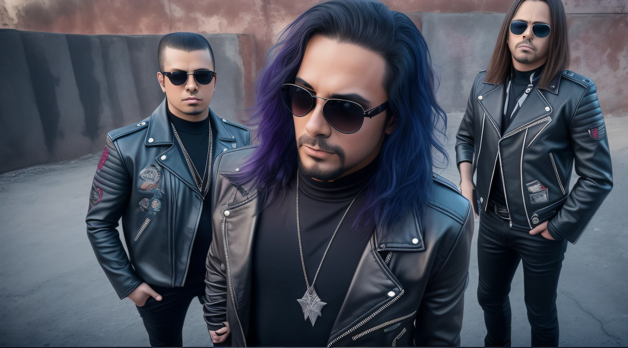 3 S LOIROS CABELOS LONGOS, in black leather jackets and sunglasses, DE MEIO CORPO, LUZES PURPLE SUAVES DE FUNDO, posando para uma foto, foto de alta qualidade, imagem de muito baixa qualidade, foto promocional de banda de rock pesado, fosforescente, promo de banda de heavy metal, Photo of a promotional session, of the highest quality, foto de guerra, a scooter ( EDM banda, vibe sinistra, the band name is roborock