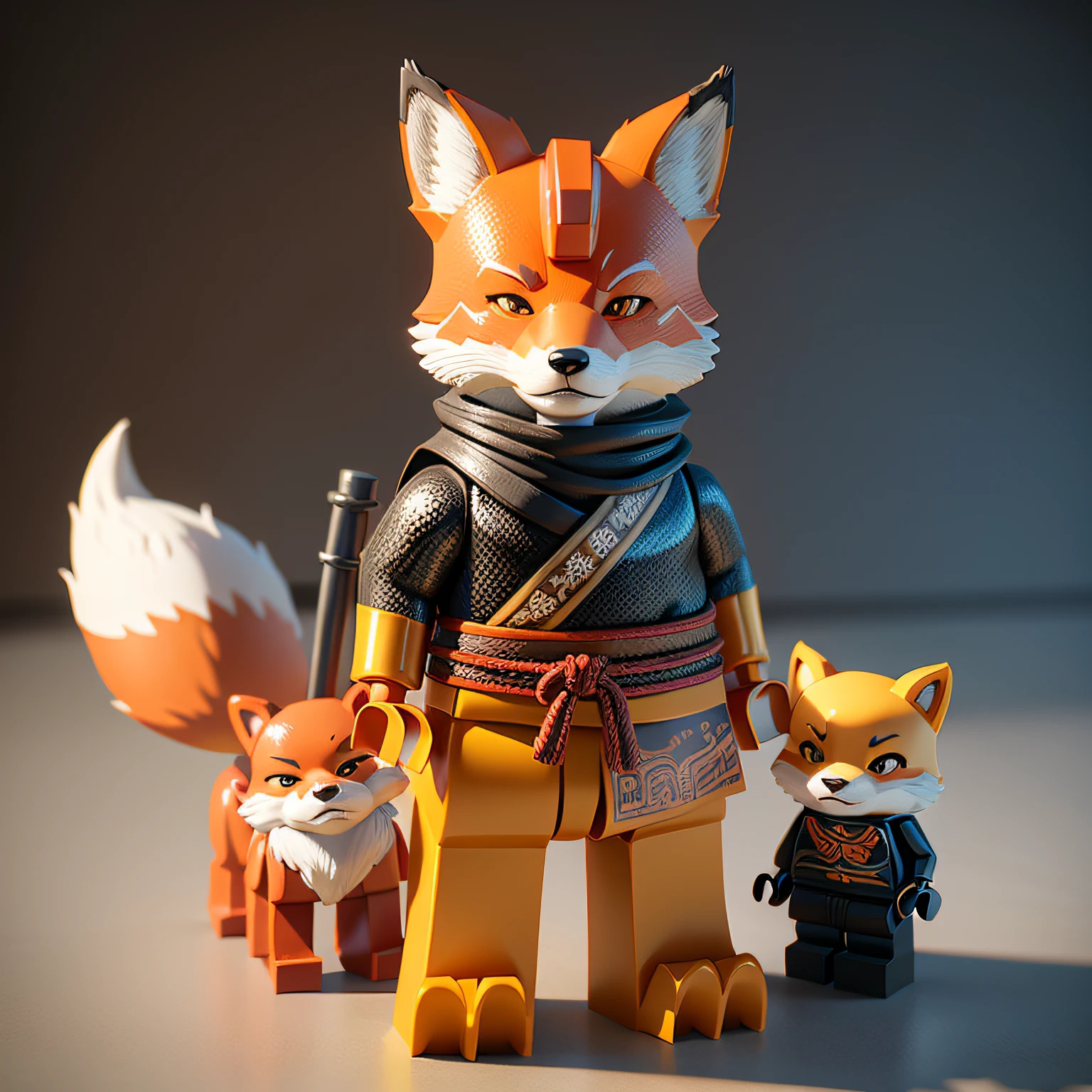 Lego Fox, foxes, Fox Fox Fox, Lego Characters, Rendering in Cinema 4 D, Render with Cinema4D, Stylization with 3D rendering, Rendering with octane rendering, Octane Rendering in 32K, Anthropomorphic samurai bear, Cute fox, cute 3d rendering, inspired by Zhu Da --auto
