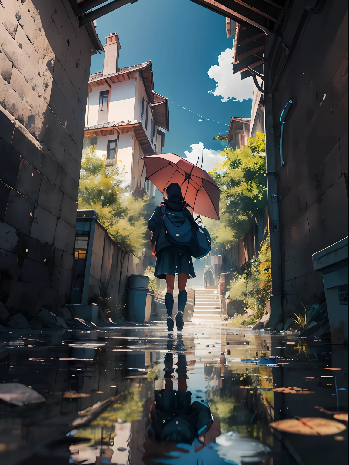 an extremely delicate and beautiful girl, Fondo de pantalla de 8k, obra maestra,cinematic lighting, La mejor calidad,illustration,detailed face depiction,(oscuro:1.3),sombra,paisaje,tree,No hay humanos,nube,Al aire libre,reflecion,cielo,edificio,agua,lluvia,cielo nublado,Borrosa,torre,