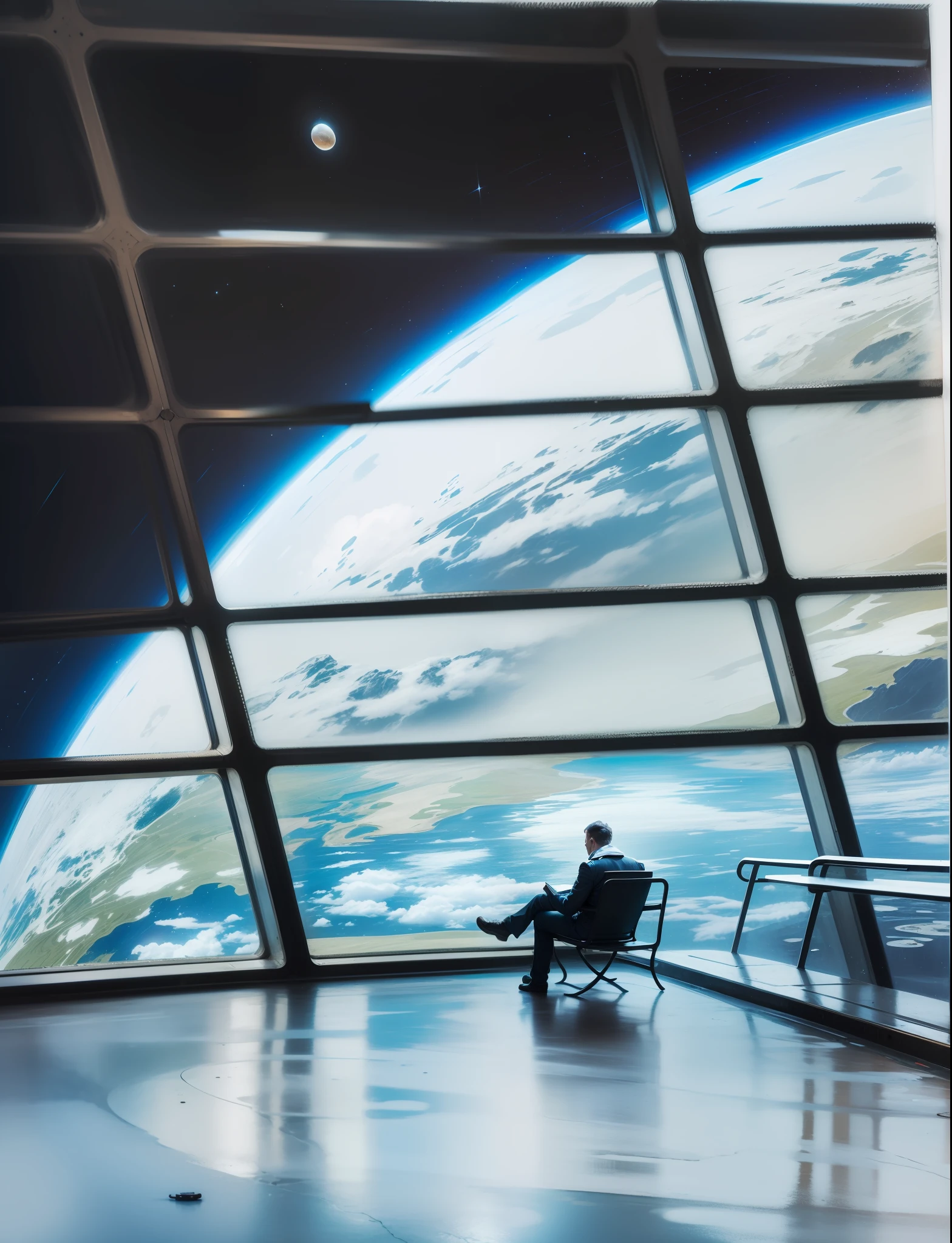 A man sitting in the waiting hall of the Starport spaceport，Starship waiting to pick up