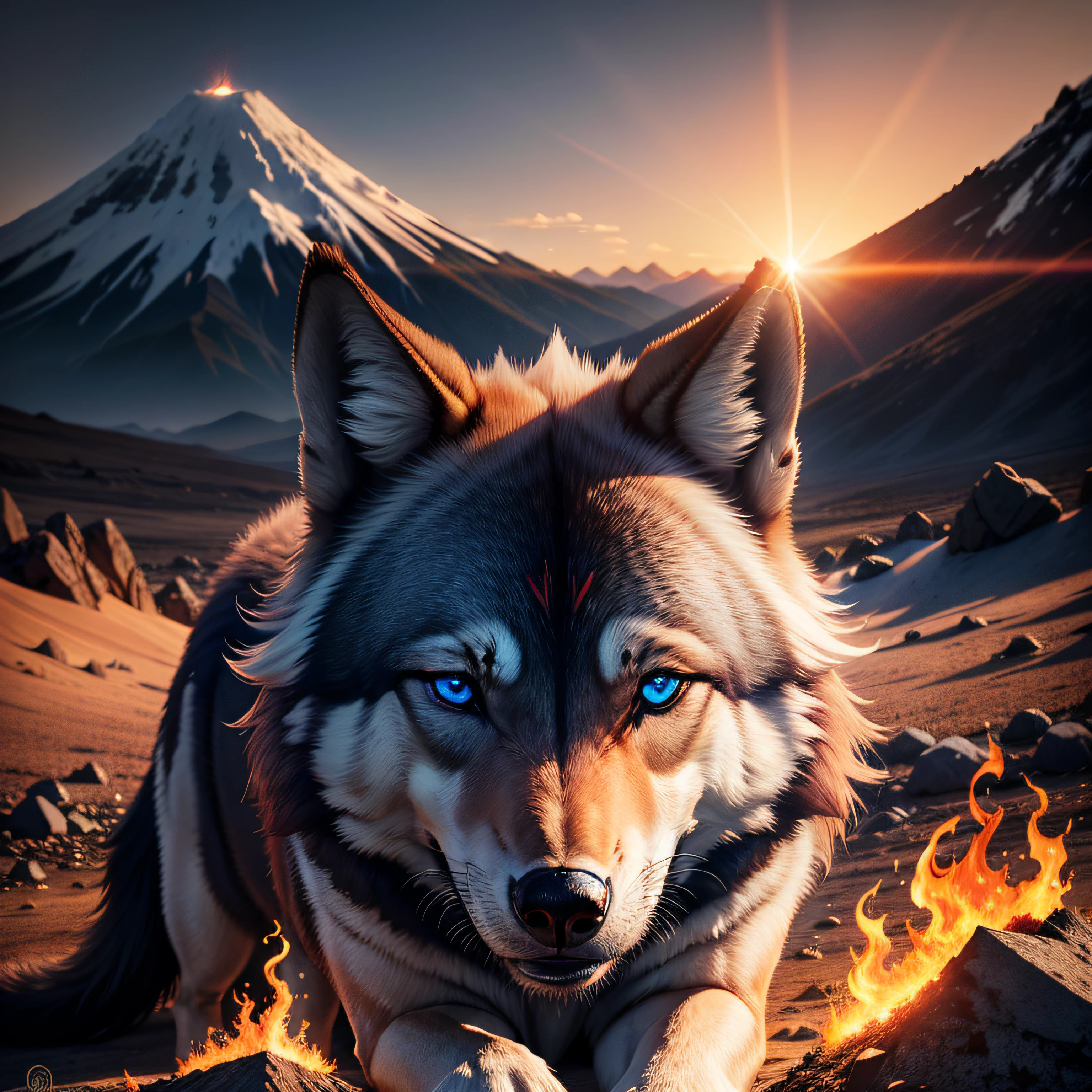 wolf, blue eyes, mountains, sunset, fire, volcano, scorpio, lens flare, Canon, Fujifilm, award winning, best quality, highres, 8k