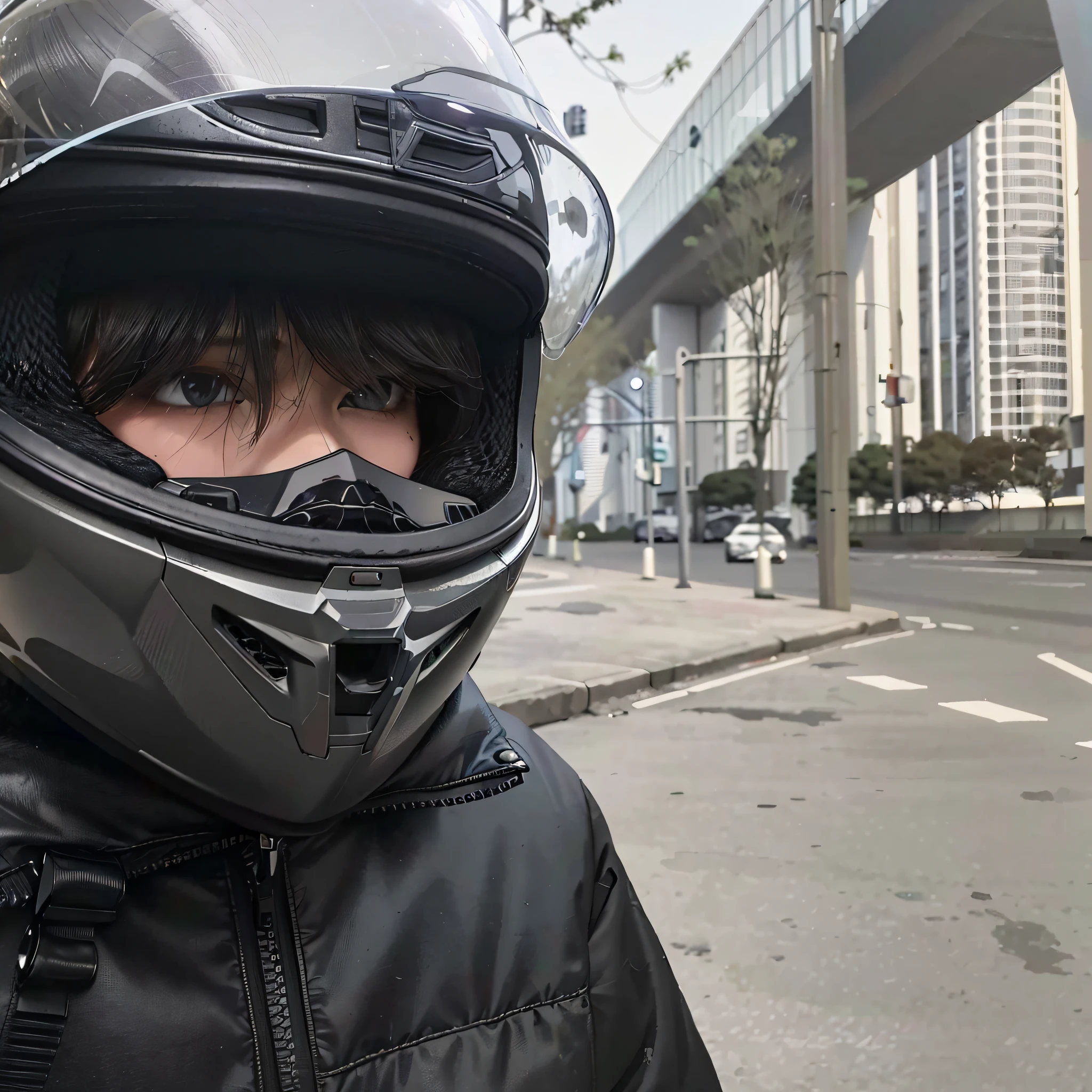 Arafeld man wearing helmet and black jacket on a city street, helmet on, helmet on face, helmet on, without helmet, wearing a round helmet, riding a motorcycle, sitting on cyberpunk motorbike, dark visor covering face, riding a futuristic motorcycle, helmet instead of a head, riding motorcycles, riding a motorbike down a street