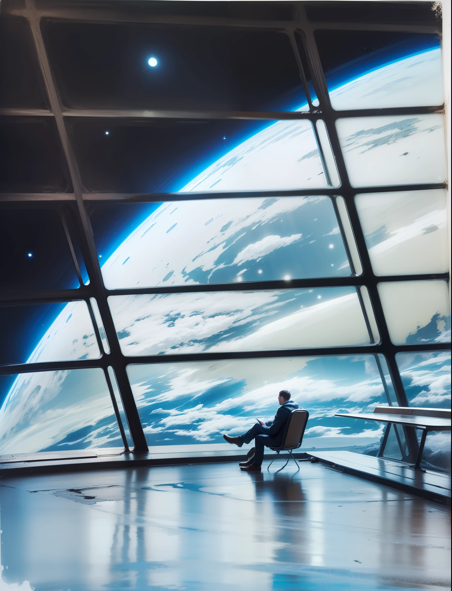A man sitting in the waiting hall of the Starport spaceport，Starship waiting to pick up