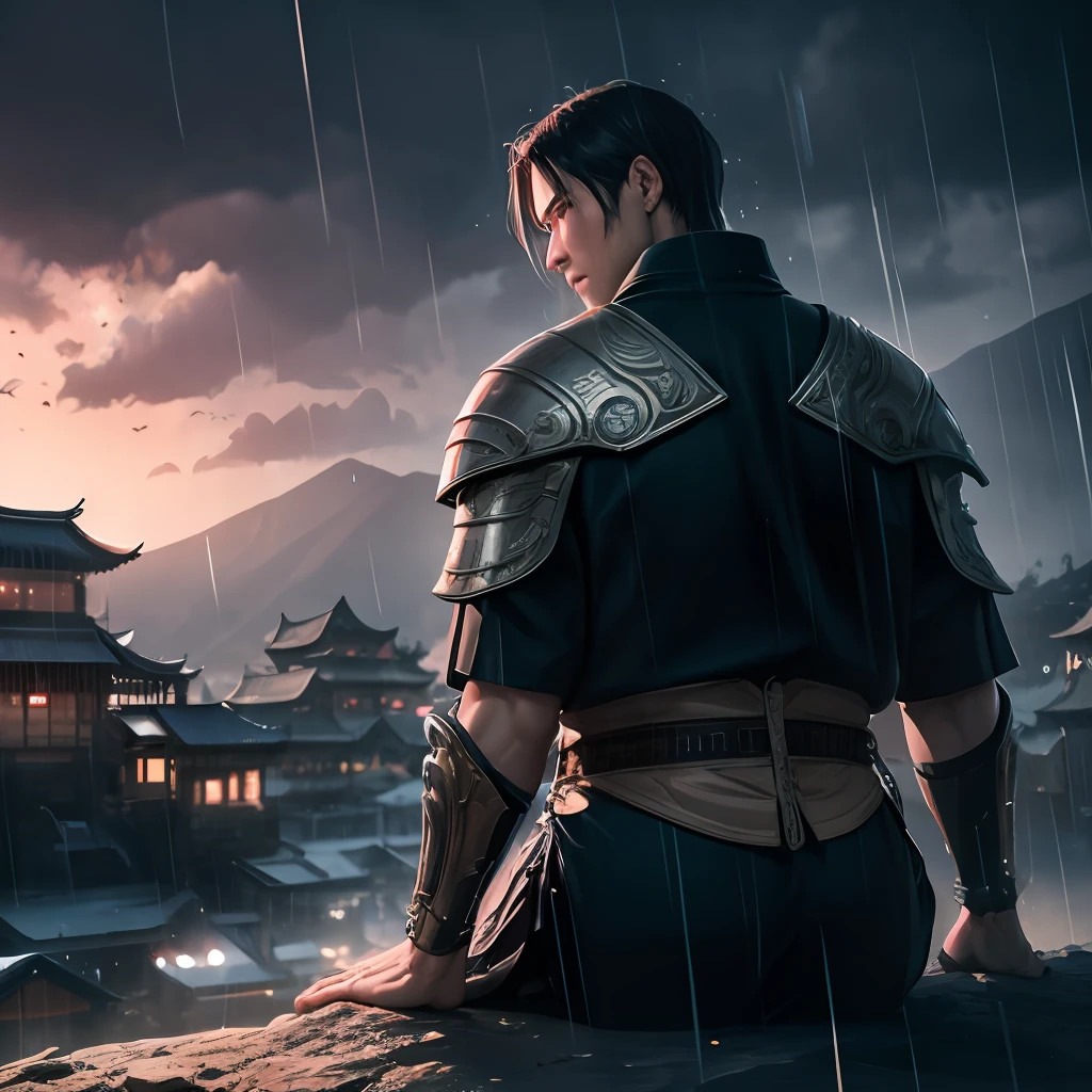 arafed view of a village with a lot of lights on the buildings, dreamy chinese town, chinese village, amazing wallpaper, japanese town, japanese village, hyper realistic photo of a town, old asian village, japanese city, by Raymond Han, rainy evening, cyberpunk chinese ancient castle, beautifully lit buildings, at evening during rain, beautiful and aesthetic, photography, cinematic, 8k, high detailed ((Heavy rain)))