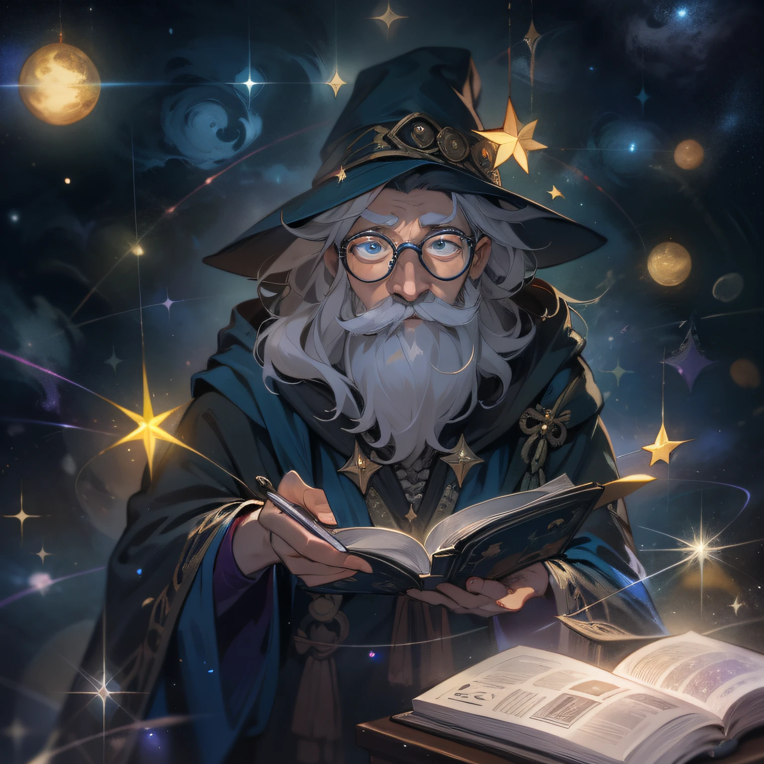 a magician man with reading glasses, master for an RPG, he wears wizard robes, is in the midst of the universe and stars, full of mystical ancestral magic with magical sparkles and a given D20 in the background;