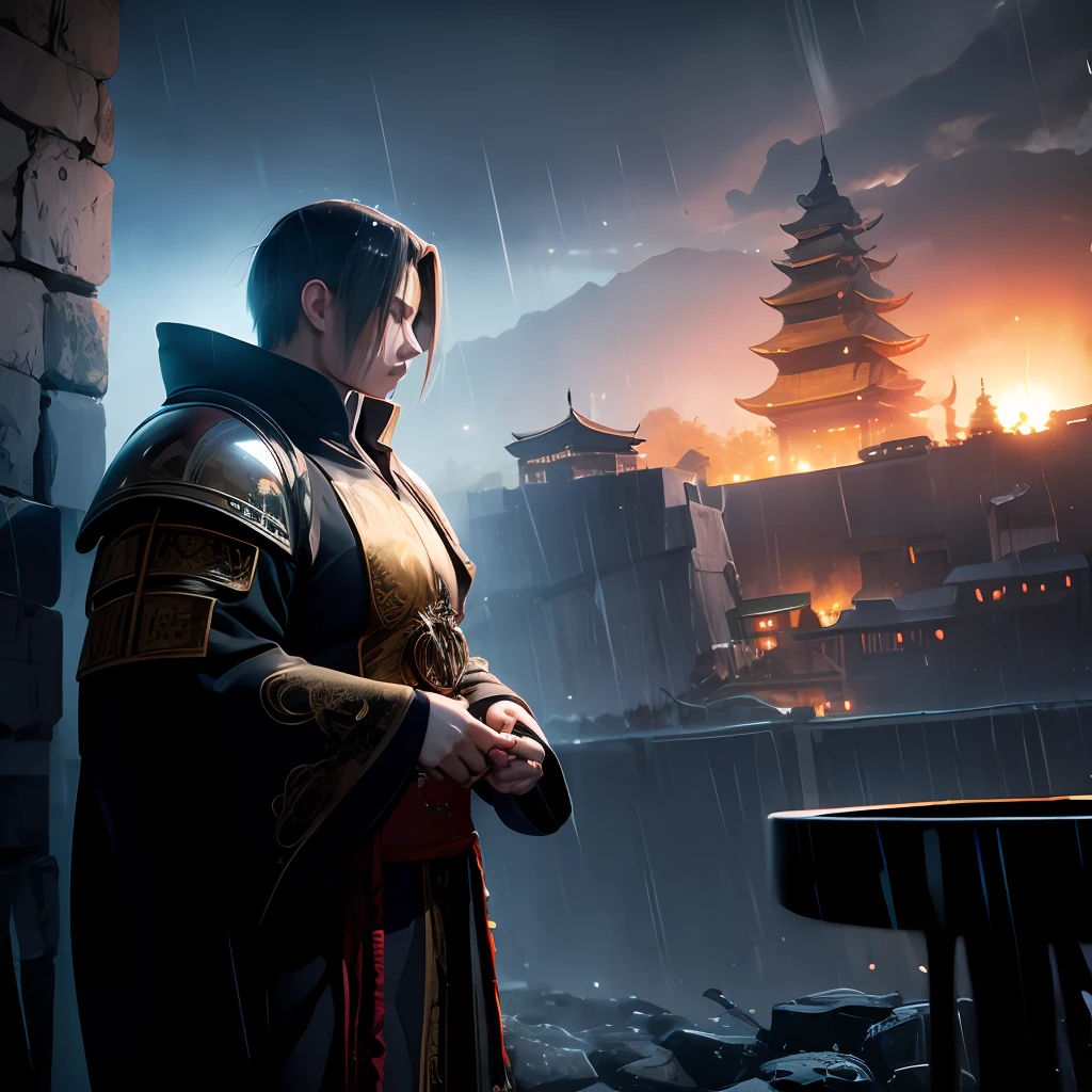 arafed view of a village with a lot of lights on the buildings, dreamy chinese town, chinese village, amazing wallpaper, japanese town, japanese village, hyper realistic photo of a town, old asian village, japanese city, by Raymond Han, rainy evening, cyberpunk chinese ancient castle, beautifully lit buildings, at evening during rain, beautiful and aesthetic, photography, cinematic, 8k, high detailed ((Heavy rain)))