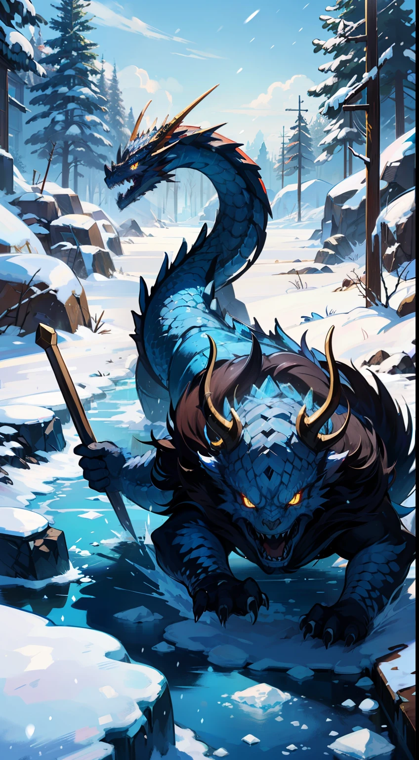 frost Dragon,Dragon maiden,(maiden:1.3), Dragon maiden,dragon scales, dragon horns, dragon tail, blue robe, blue shawl, blue eyes, plump body, Ice, snow, winter, snow flying,shattered earth, (Descent: 1.1), rocks flying, (Attack the ground: 1.1), trampling ground, broken ground, ice crystal shards, ice shards, broken world,