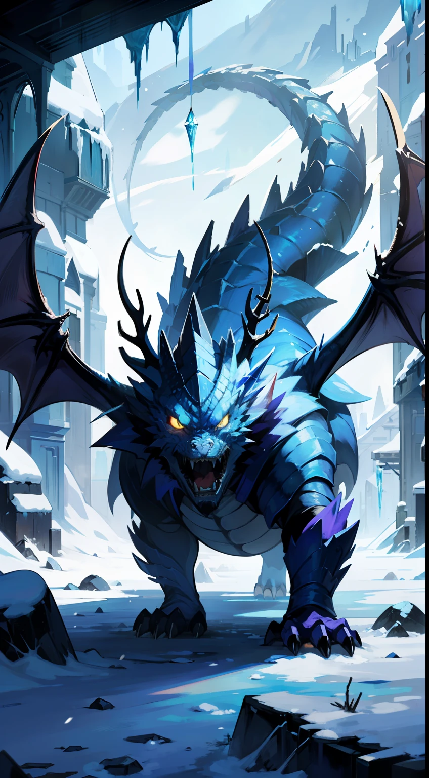 frost Dragon,Dragon maiden,(maiden:1.3), Dragon maiden,dragon scales, dragon horns, dragon tail, blue robe, blue shawl, blue eyes, plump body, Ice, snow, winter, snow flying,shattered earth, (Descent: 1.1), rocks flying, (Attack the ground: 1.1), trampling ground, broken ground, ice crystal shards, ice shards, broken world,