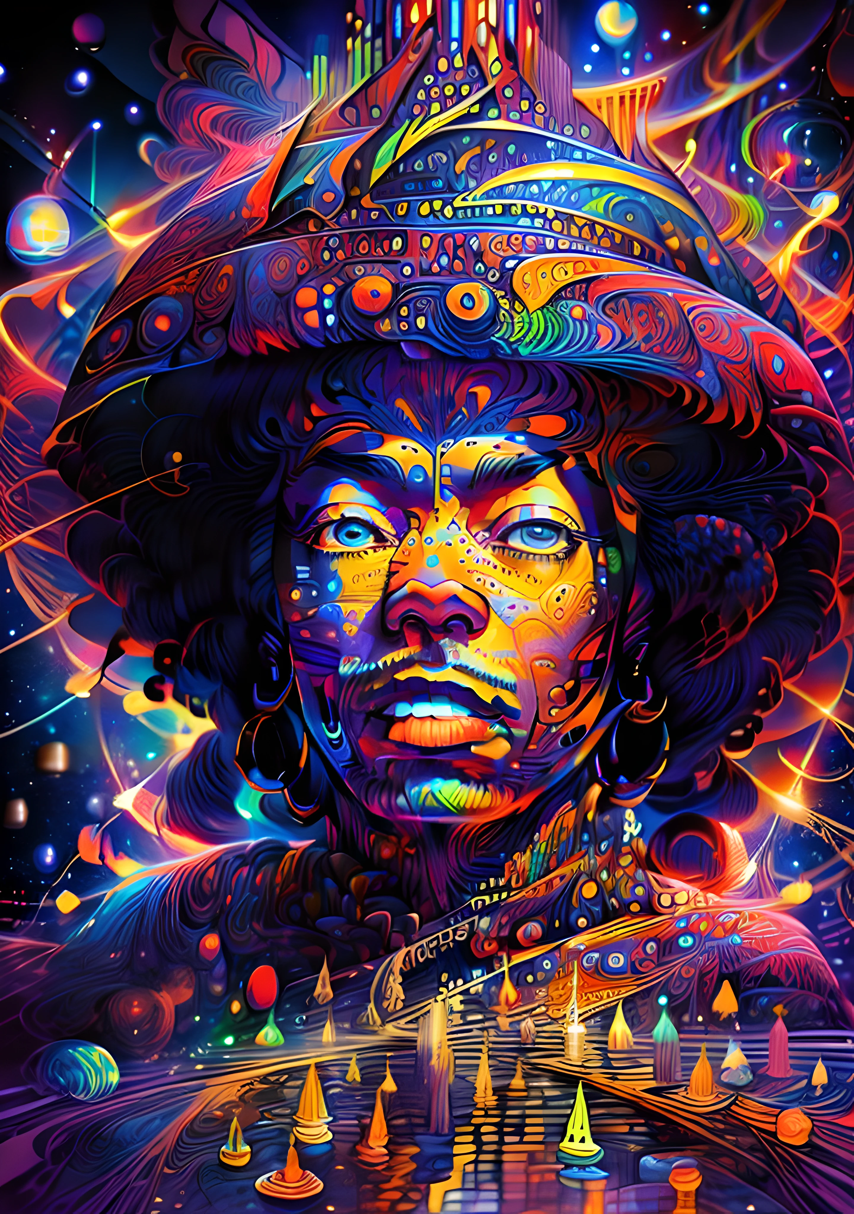 (High resolution, incredibly detailed, masterpiece), portrait of jimi hendrix
, featuring fractal geometry in (vibrant colors:0.8), set against a (galactic background:1.2), bringing together complex, mesmerizing shapes and patterns,dmt ,fractal art,stars and galaxies