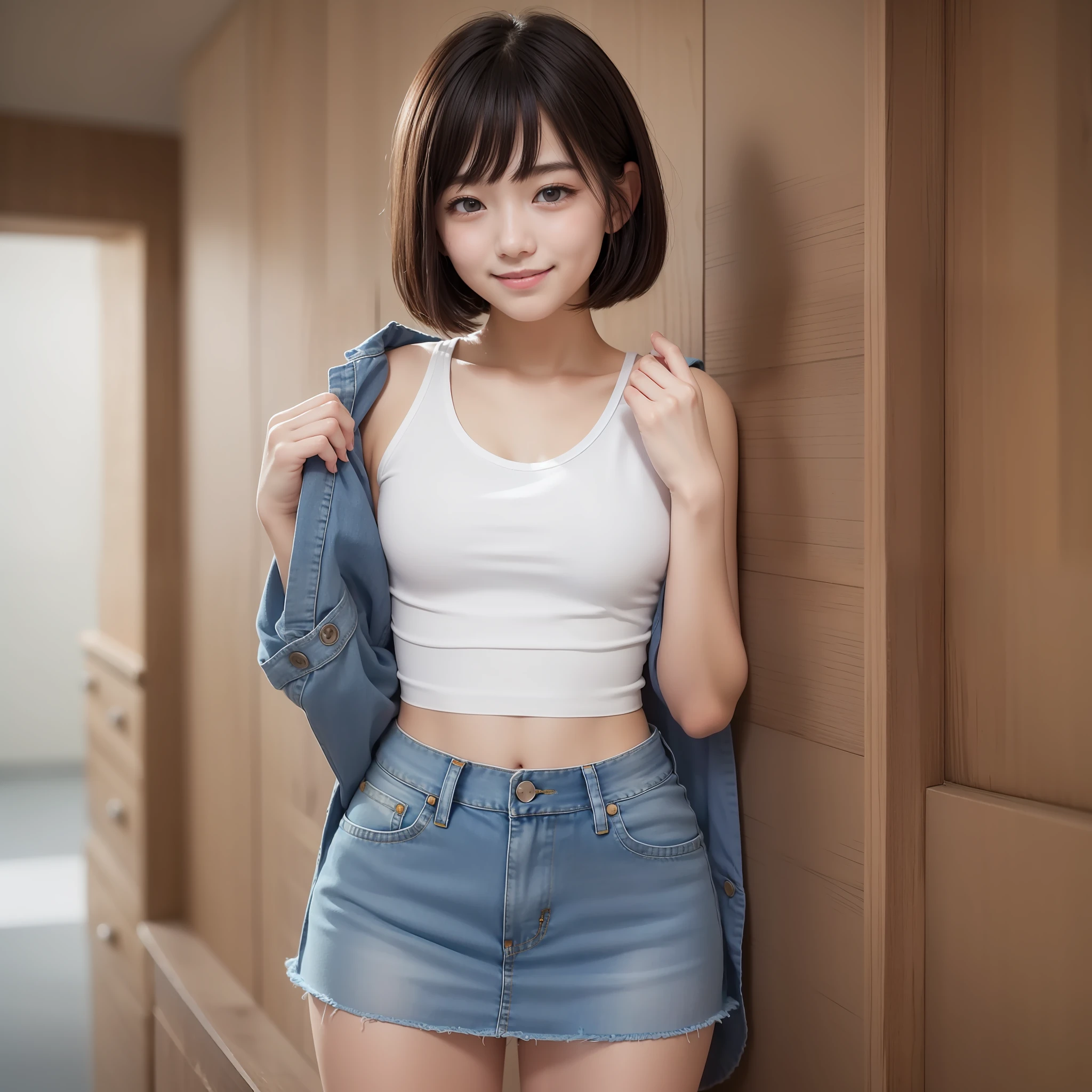 With the best image quality、Teenage girl standing in room。Black Hair Bob Hair、Cute smile.。(((tiny chest)))、White tank top、Denim miniskirt