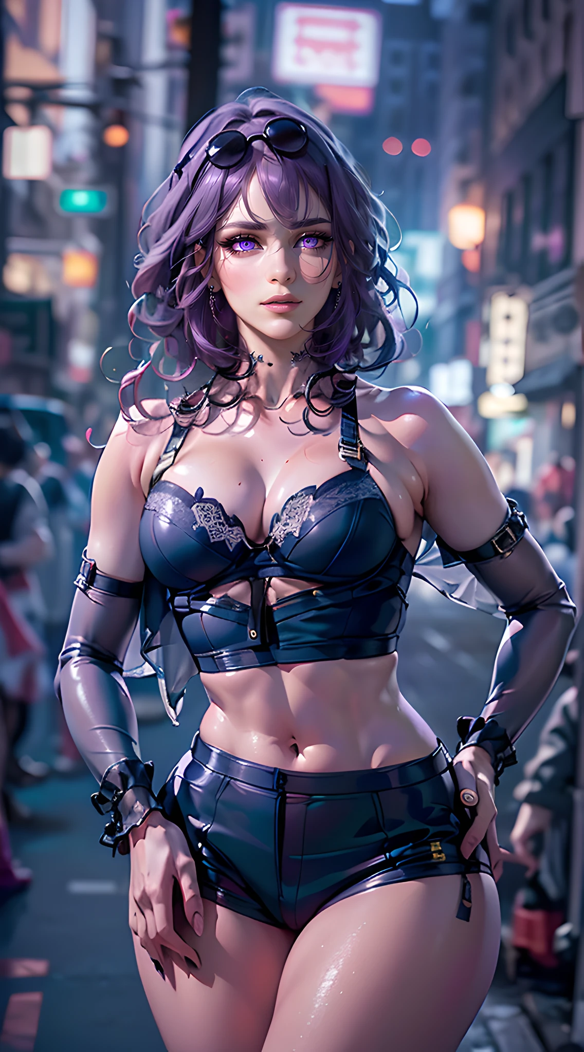 realistic,( photo-realistic), ultra hires, (masterpiece, top quality, best quality, official art, beautiful, raw photo, (high detailed skin:1.2), detailed woman face, kafka, purple eyes, purple hair, eyewear on head, long eyelashes, delicated eyebrows, beautiful lips, high detailed eyes