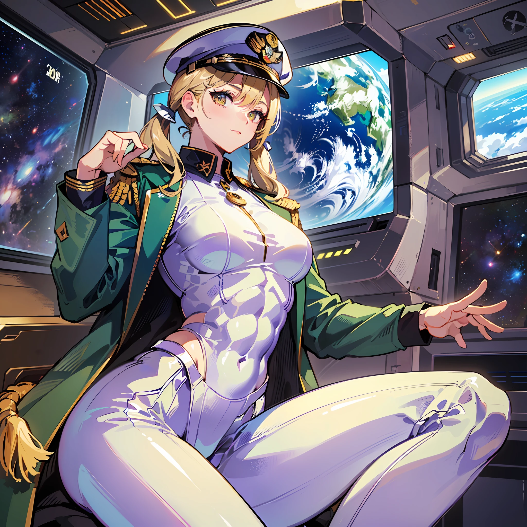 ((Masterpiece)), ((Highest Image Quality)), (((Best Quality)), (Illustration of One Girl), Full Body, 25 Years Old, (Neutral)), ((Blonde Twin Tails)), Light Golden Eyes, (Tall)), (Muscular Strong Body)), ((Muscular and Thick Body)), ((Muscular and Thick Arms)), ((Muscular and Thick Legs)), (Manspreading)), Open Legs, (((Army Uniform)), (Army Hat)), (((Army Coat)), (white clothes), (white pants), (white hat), trench coat, ((inside the spaceship, sitting in the captain's seat)), (outside the window, space, Earth seen from space, spaceport)