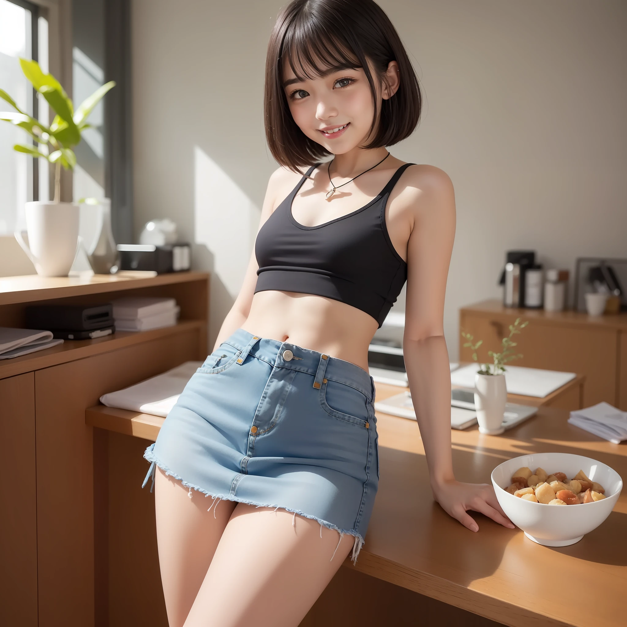 With the best image quality、age girl standing in room。Black Hair Bob Hair、Cute smile.。(((tiny chest)))、White tank top、Denim miniskirt