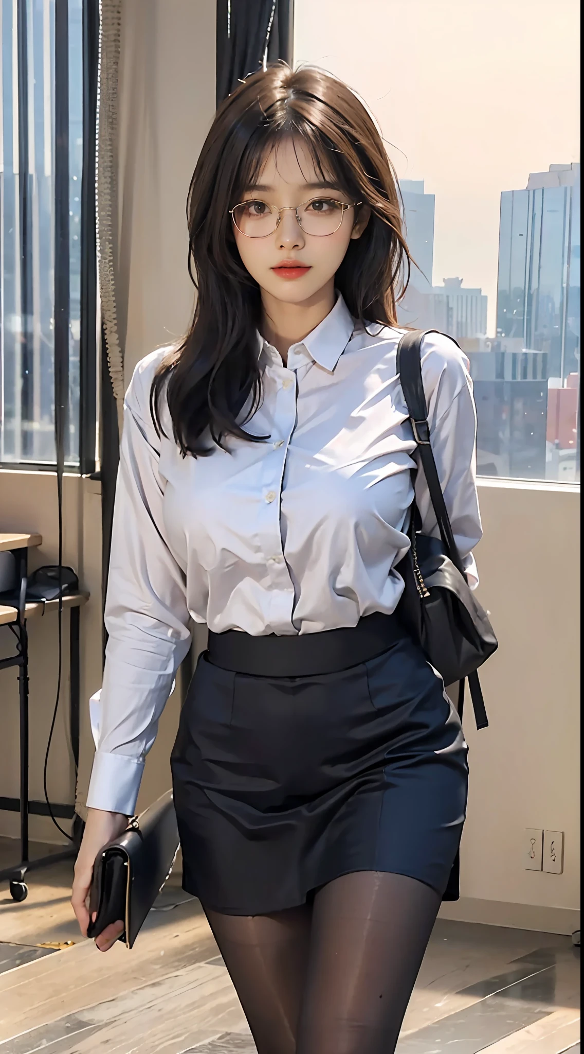 ((midynight, Need, 8K, tmasterpiece:1.3)),one-girl， full bodyesbian, Long legs, Focalors:1.2, perfect figure beautiful woman:1.4, Slim abs:1.1, ((Dark brown hair, huge tit:1.2 )), (White tight shirt, office uniform，Black silk skirt, standing on your feet:1.2), ((city night scene,Office floor-to-ceiling windows:1.3)), Highly detailed facial and skin texture, A detailed eye, largeeyes，cute  face，((Simple glasses))，Alafeld Asian woman posing for photo in shirt and short black silk skirt, very sexy outfit, Sexy style, Asian, Sexy girl, Sexy outfit, sexy body and sexy abdomen, spellbinding，spellbinding, Sexy look, stunning high tech, hot petite,, revealing outfit, seductive and powerful, Jaw-dropping beauty, seductive lady，((blacksilk:1.5 ))，((black lence stockings:1.5 ))