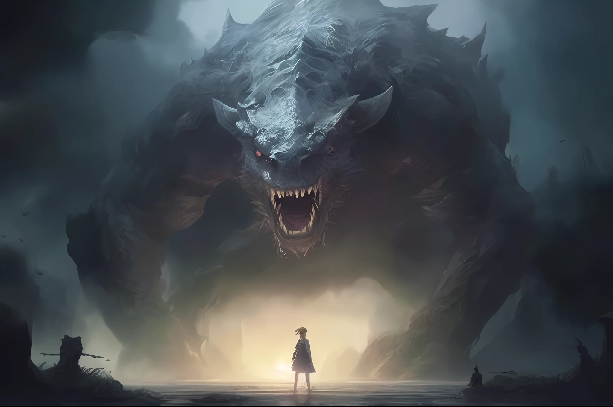 Arafed monster with a woman standing in front of him, Directed by: Adam Marczyński, an ominous fantasy illustration, monstro de fantasia hiper realista, criatura enorme, Guilherme H. Pongiluppi, Directed by: Kristian Kreković, arte de fantasia realista, Criaturas de fantasia gigantes, Jessica Rossier Arte de fantasia, Jessica Rossier e Brian Froud