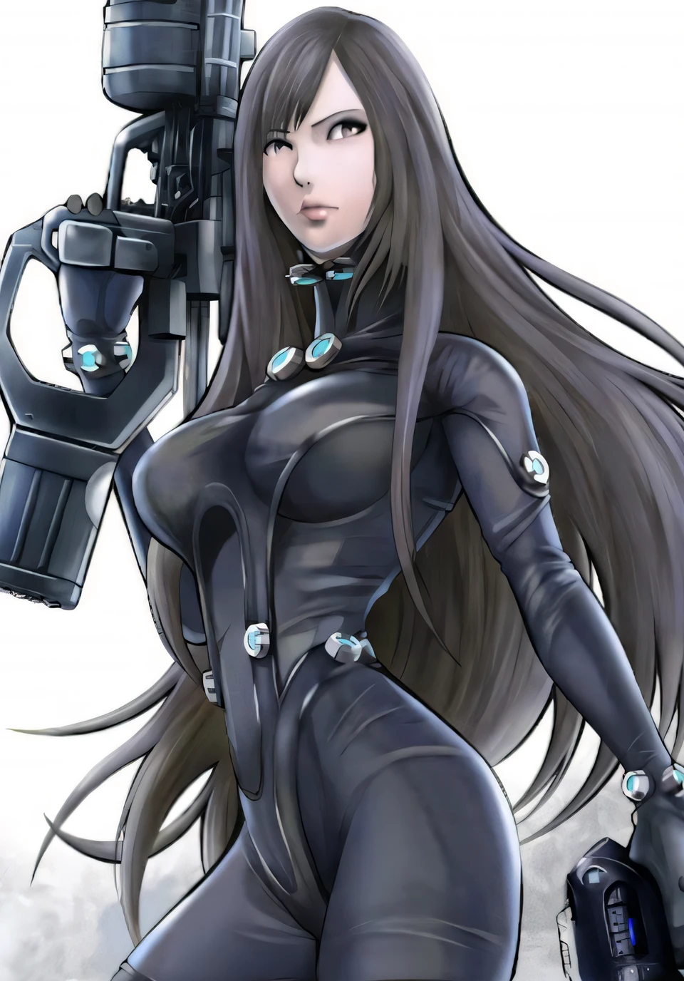 Close-up of a woman in a black suit holding a gun, gantz, perfect anime cyborg woman, Inspired by Masamune Shirow, girl in mecha cyber armor, killy from blame!, battle angel alita, android heroine, cyborg - girl, anime robots, Katana Zero video game character, Cyborg girl, Black shiny armor, Armor Girl