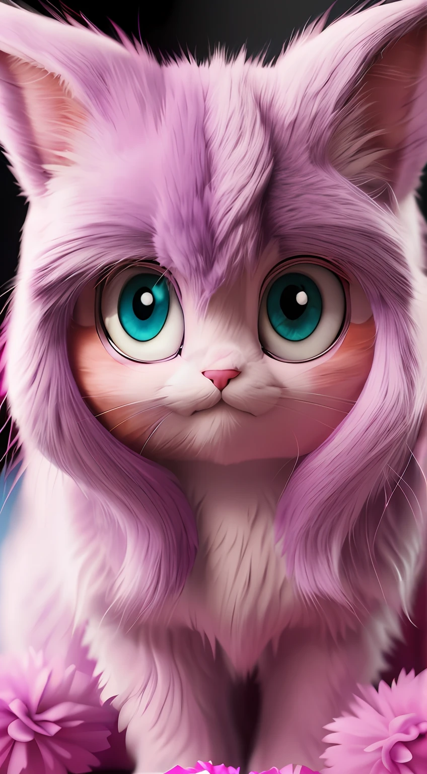 Purple cat with blue eyes and pink fur sitting on a table, Adorable pintura digital, Lindo renderizado 3D, Lindo arte digital detallado, Lindo arte digital, 3d cat from the smallest pet store, Lindo! c4d, Arte digital furry, aspecto puchero :: Renderizado de octanaje, Retrato de personaje peludo, Gato de anime realista, muy hermosa linda catgirl, Licuadora Eevee render